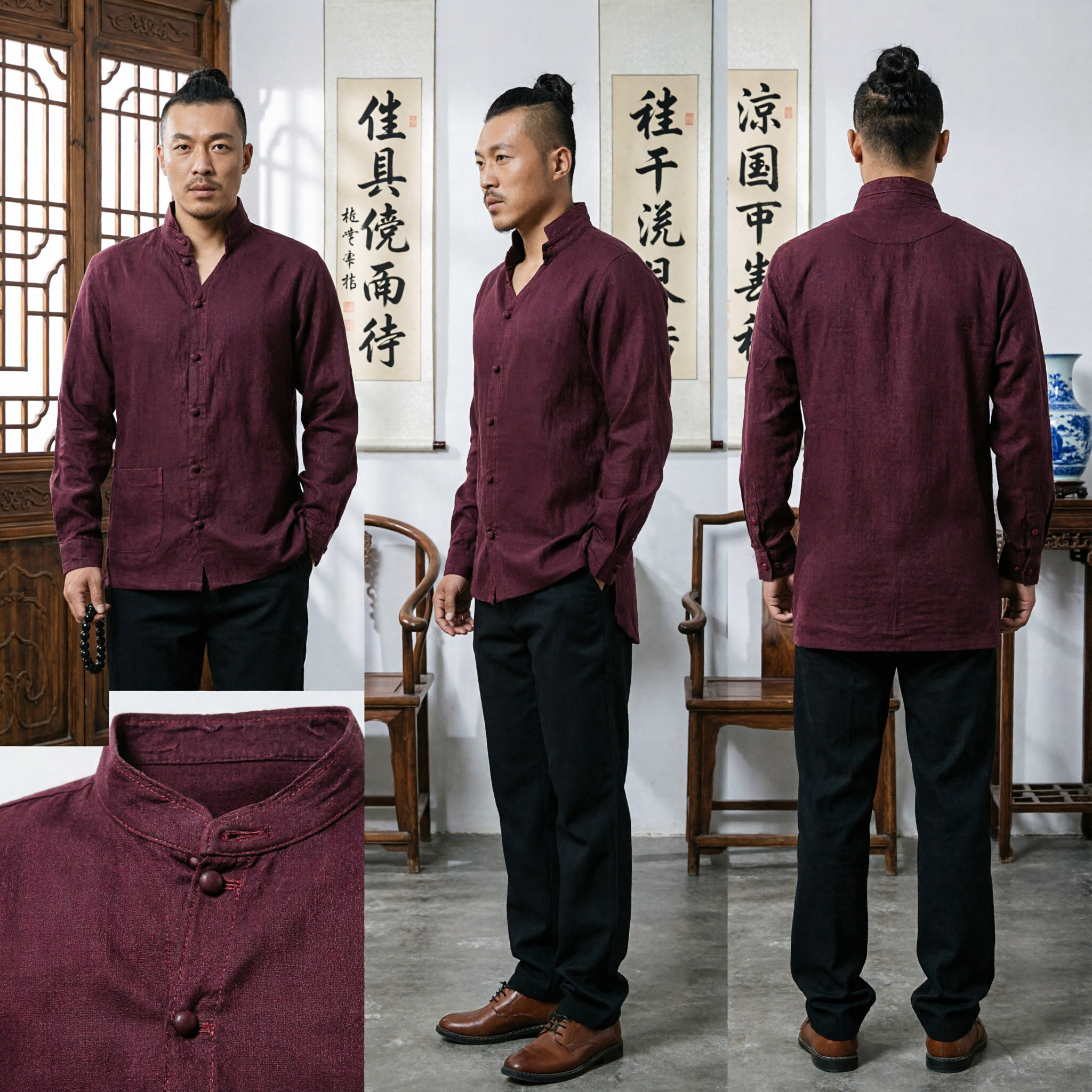 Men's Traditional Chinese Tang Suit Shirt Burgundy Mandarin Collar Top for Kung Fu Zen Meditation and Casual Wear