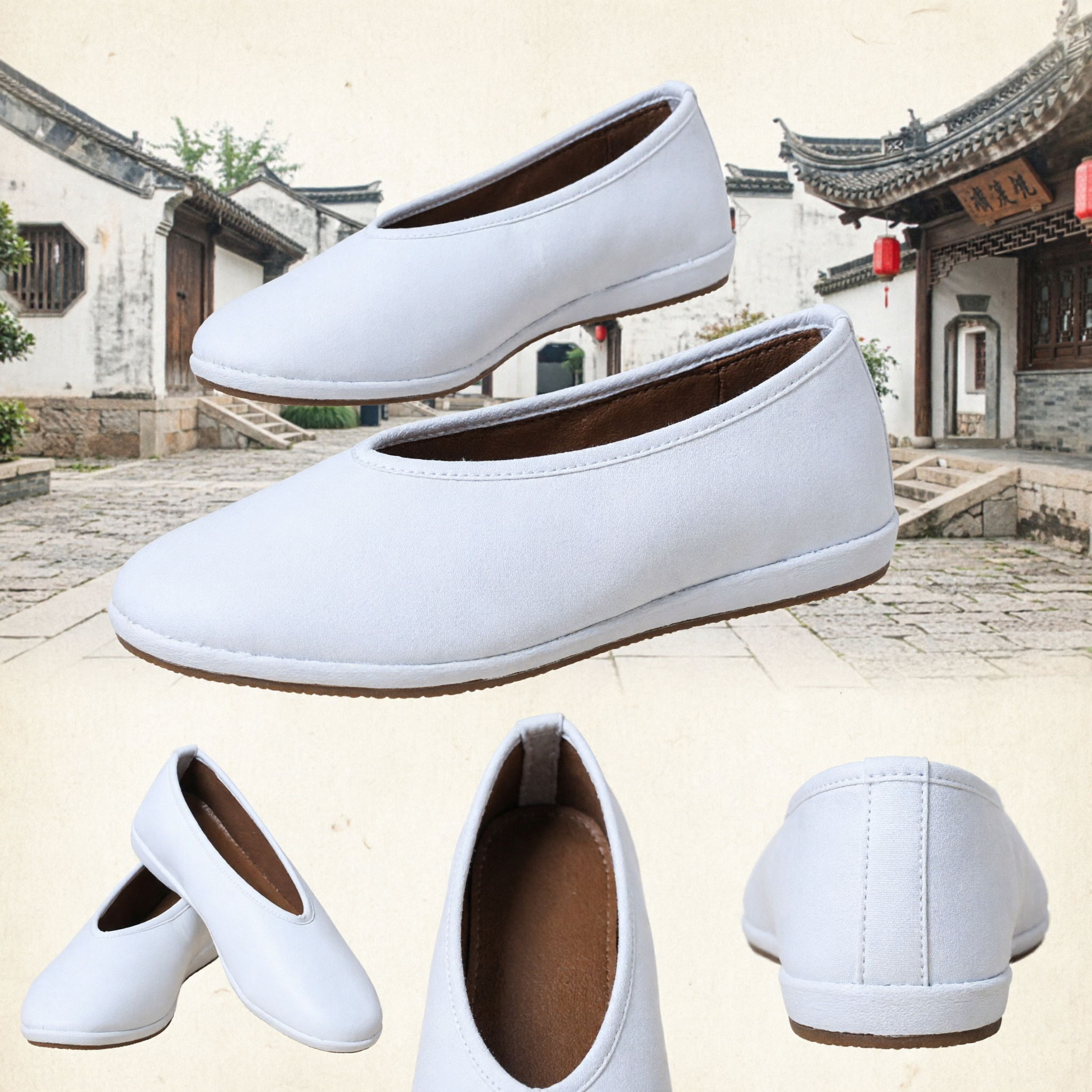 White Leather Traditional Chinese Kung Fu Shoes for Tai Chi Martial Arts Performance and Hanfu Costume