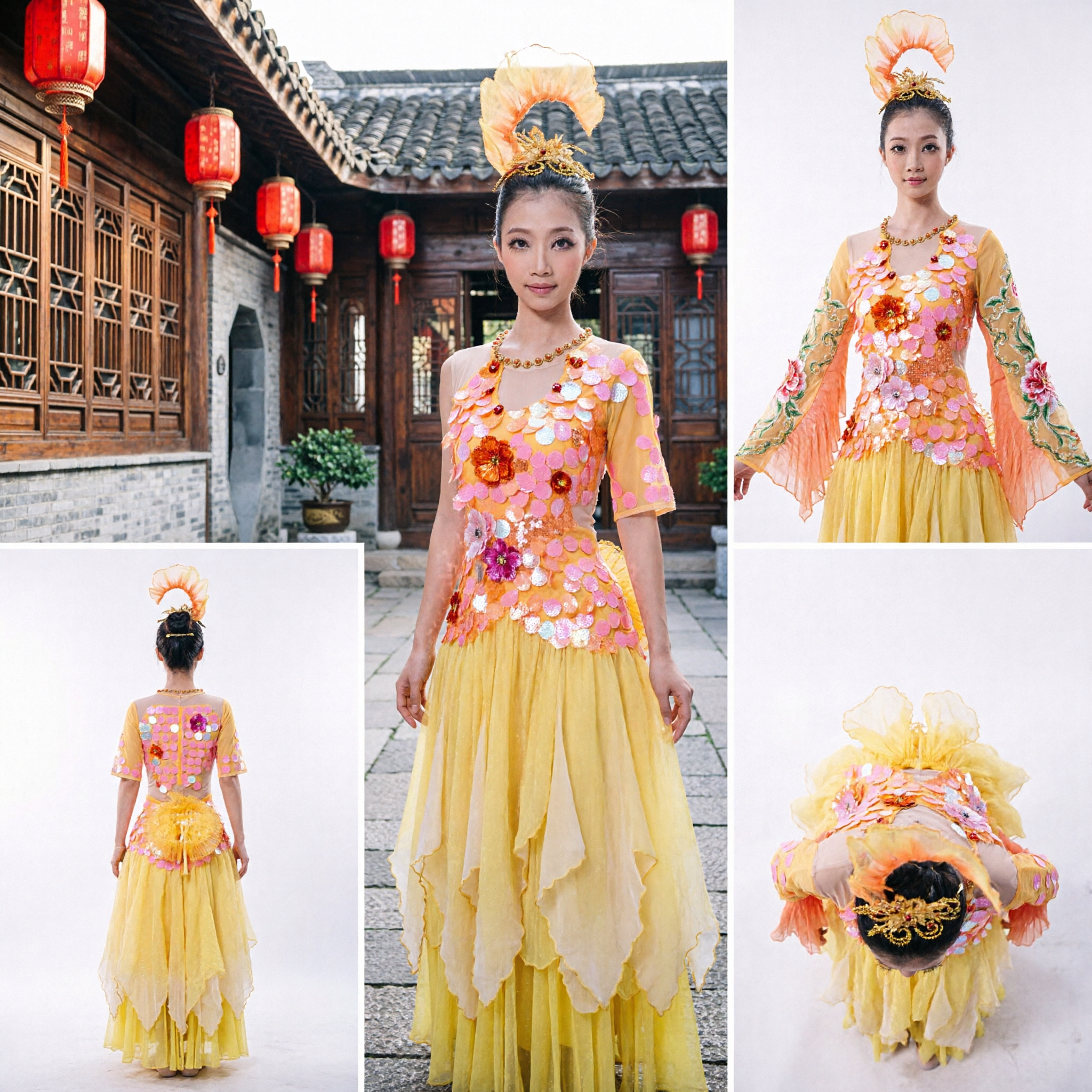 Women's Yellow Chinese Folk Dance Costume Traditional Peacock Theme Stage Performance Dress for Cultural Shows