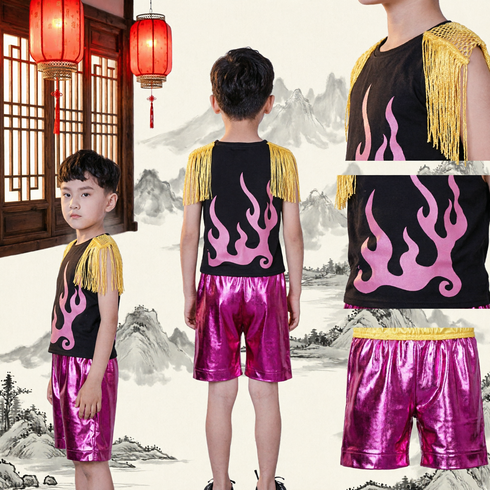 Boys Jazz Dance Costume Kids Street Dance Outfit Pink Flame Shirt and Shiny Shorts Stage Performance Wear