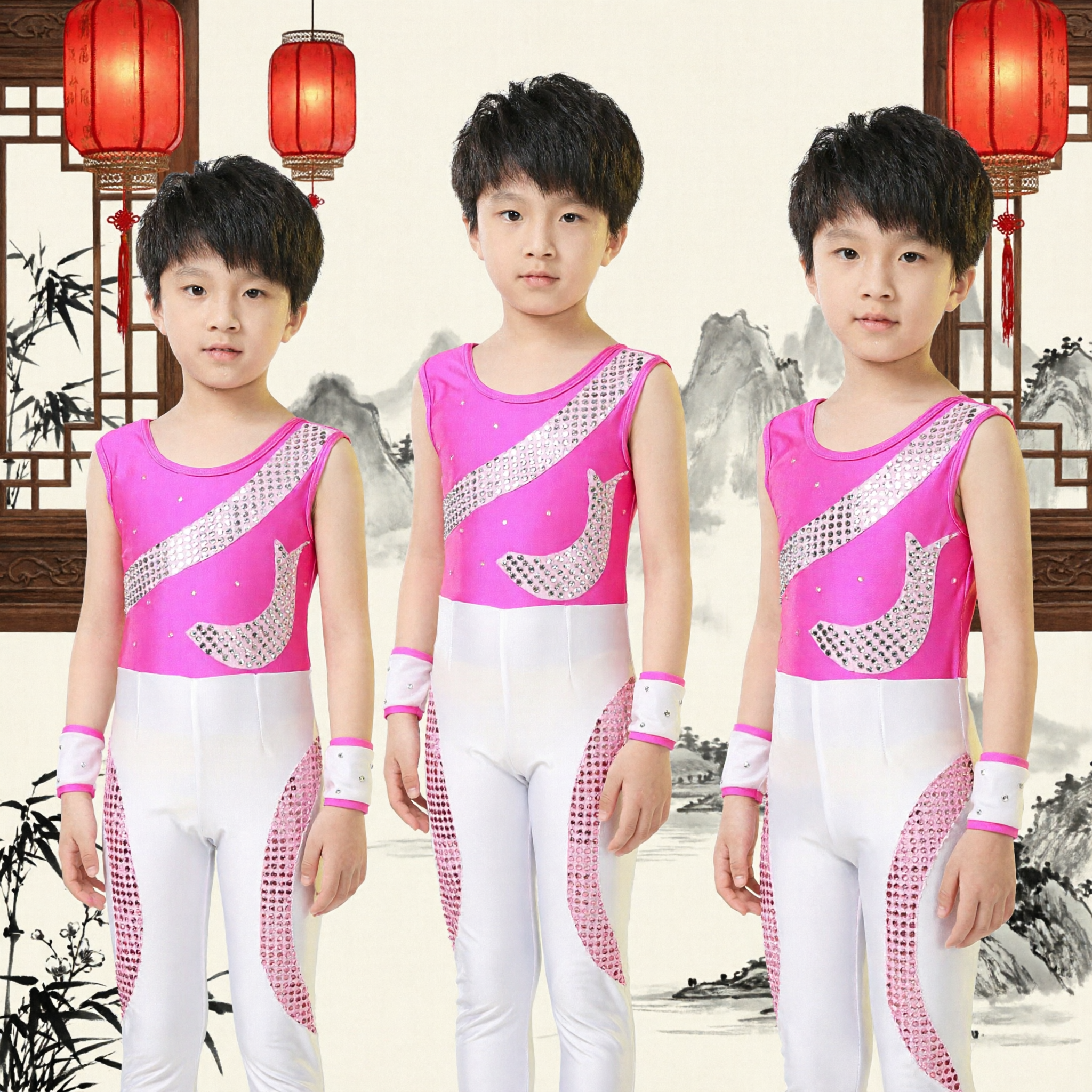 Boys Pink Sequin Modern Dance Performance Costume Sleeveless Top and White Pants Set for Stage