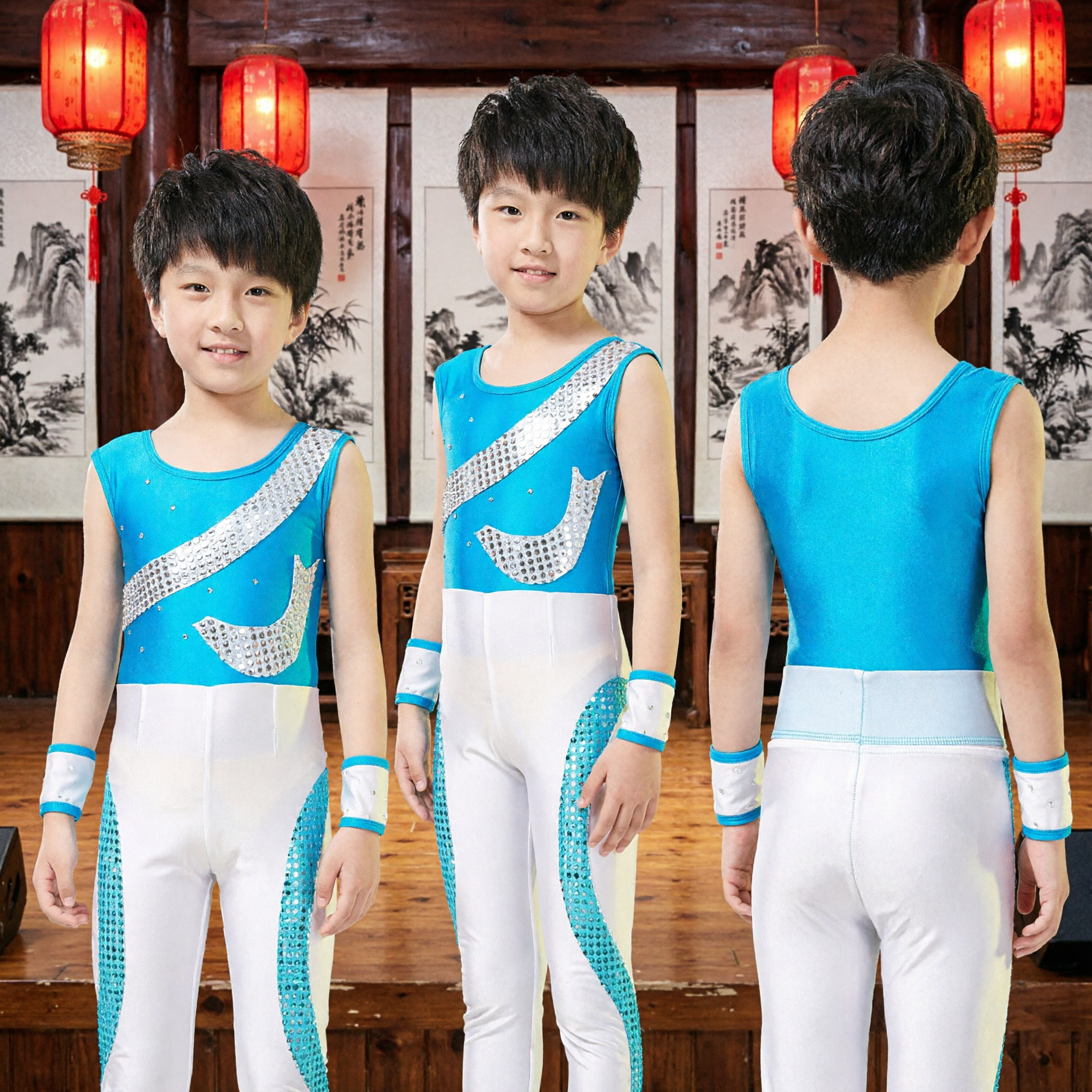Boys Modern Dance Gymnastics Costume Blue Sequin Leotard and Pants Set for Kids Stage Performance