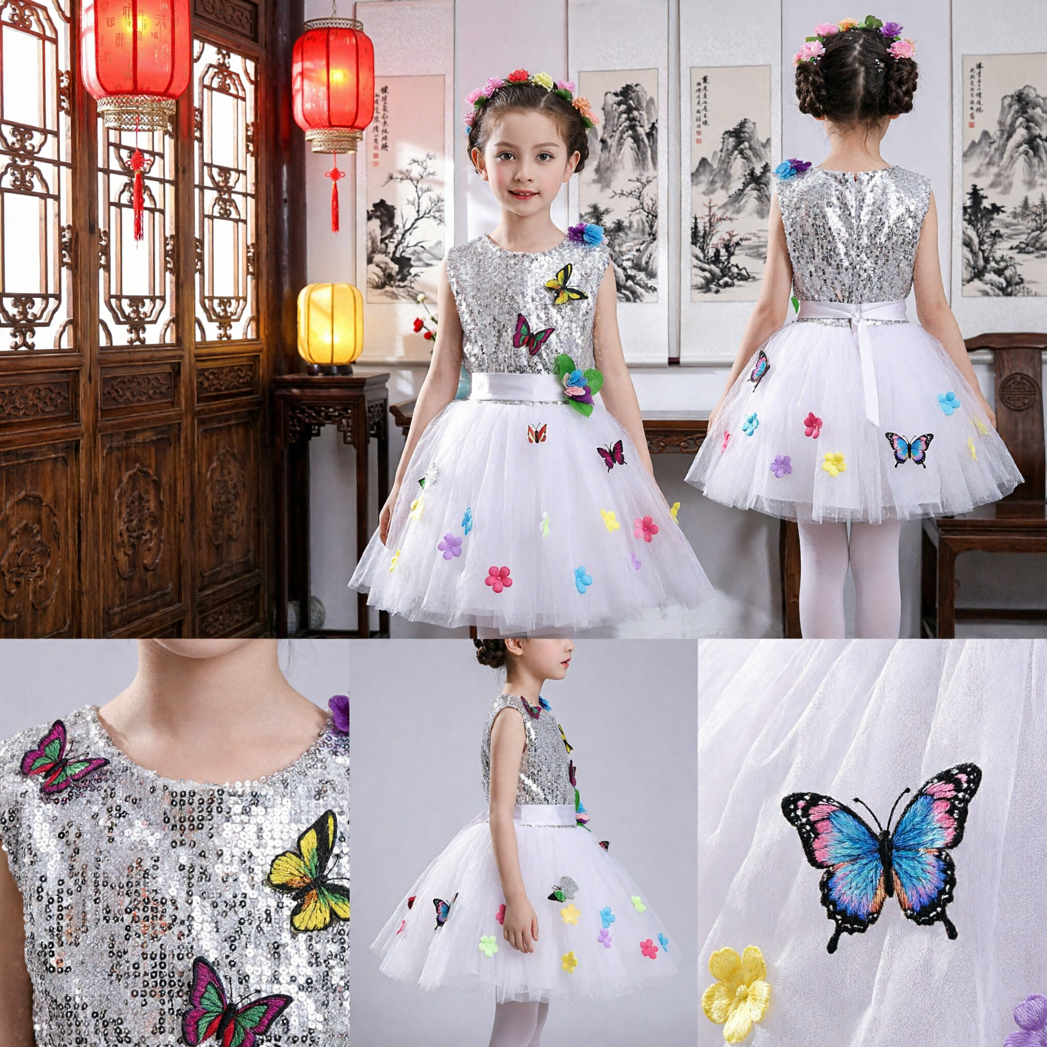 Girls Sequin Butterfly Dance Dress White Tulle Skirt Performance Costume for Kids Stage Show Party Wear