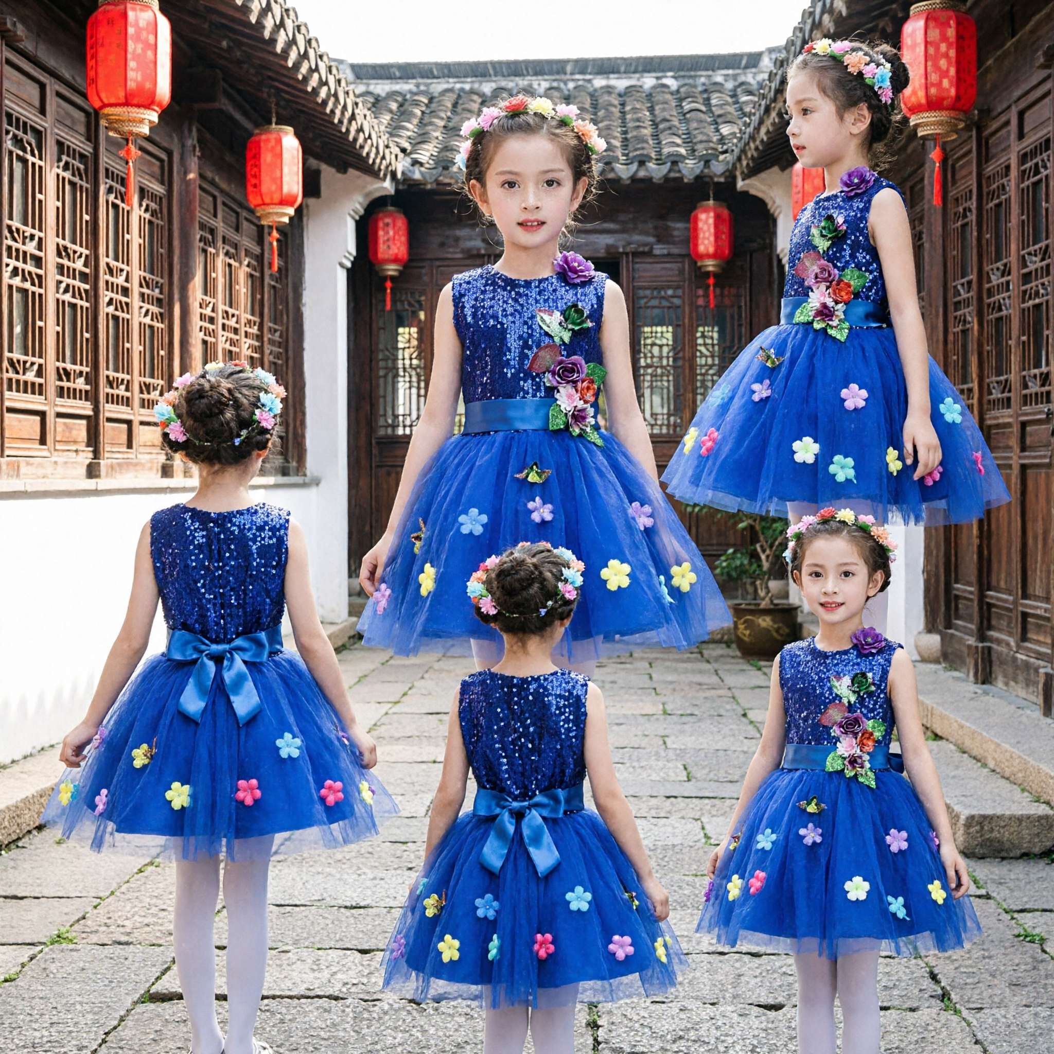 Girls Royal Blue Sequin Tutu Dress with 3D Flowers and Headband for Dance Performance