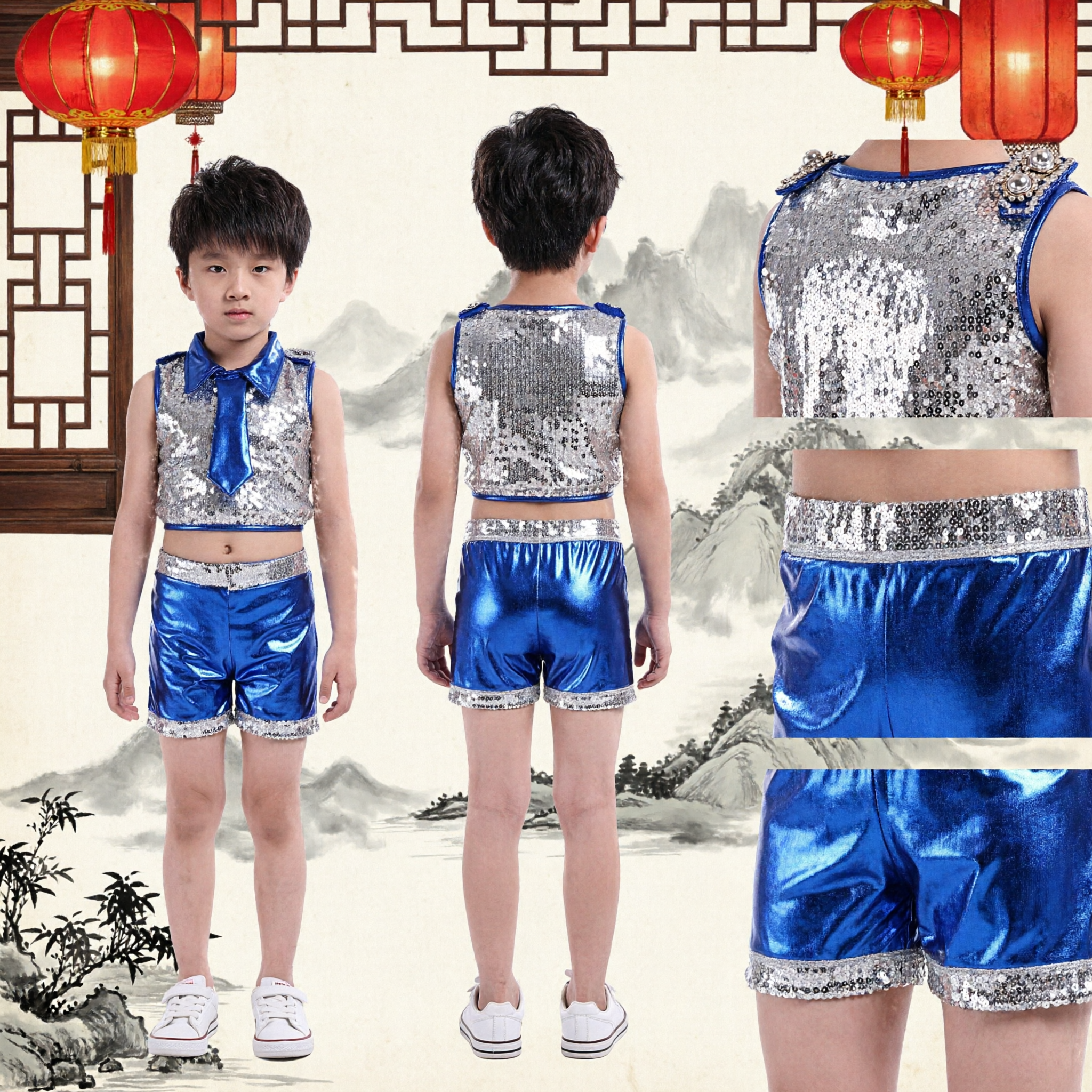 Boys Jazz Dance Costume Blue Silver Sequin Sleeveless Top and Shorts Set for Stage Performance