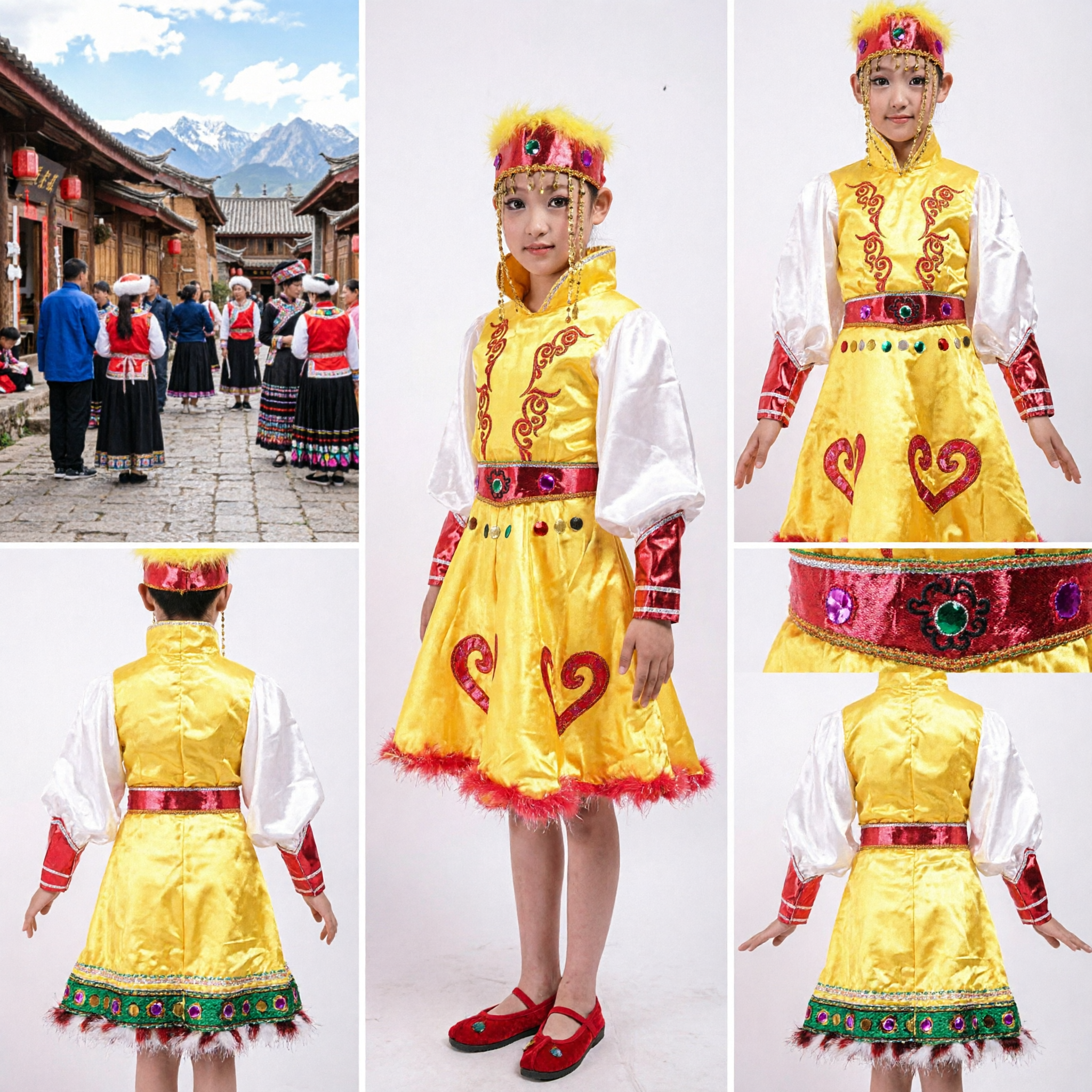 Children Chinese Traditional Ethnic Dance Costume Girls Yellow Folk Performance Outfit with Feathered Headdress