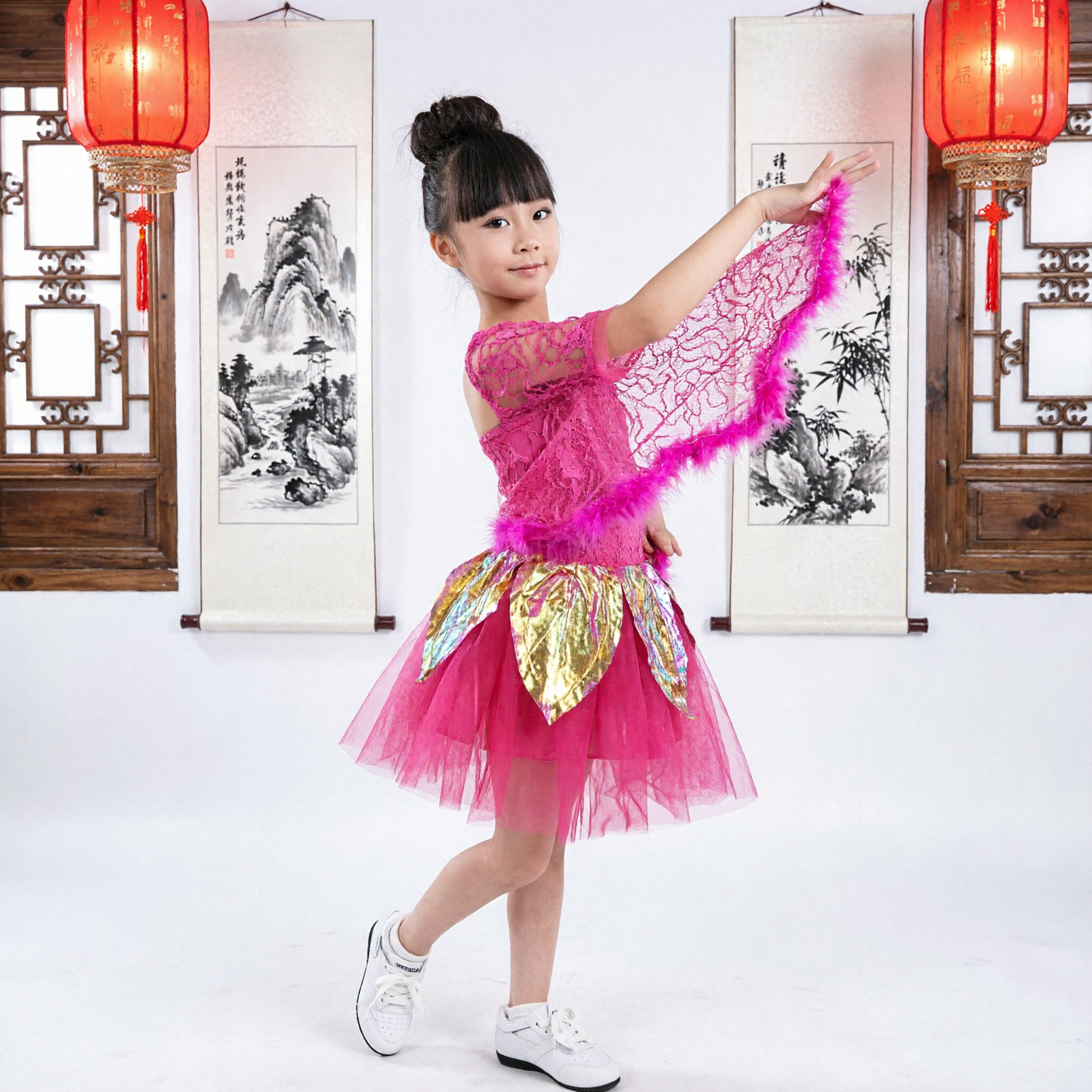 Kids Girls Chinese Traditional Peacock Dance Costume Pink Stage Performance Folk Dress Outfit