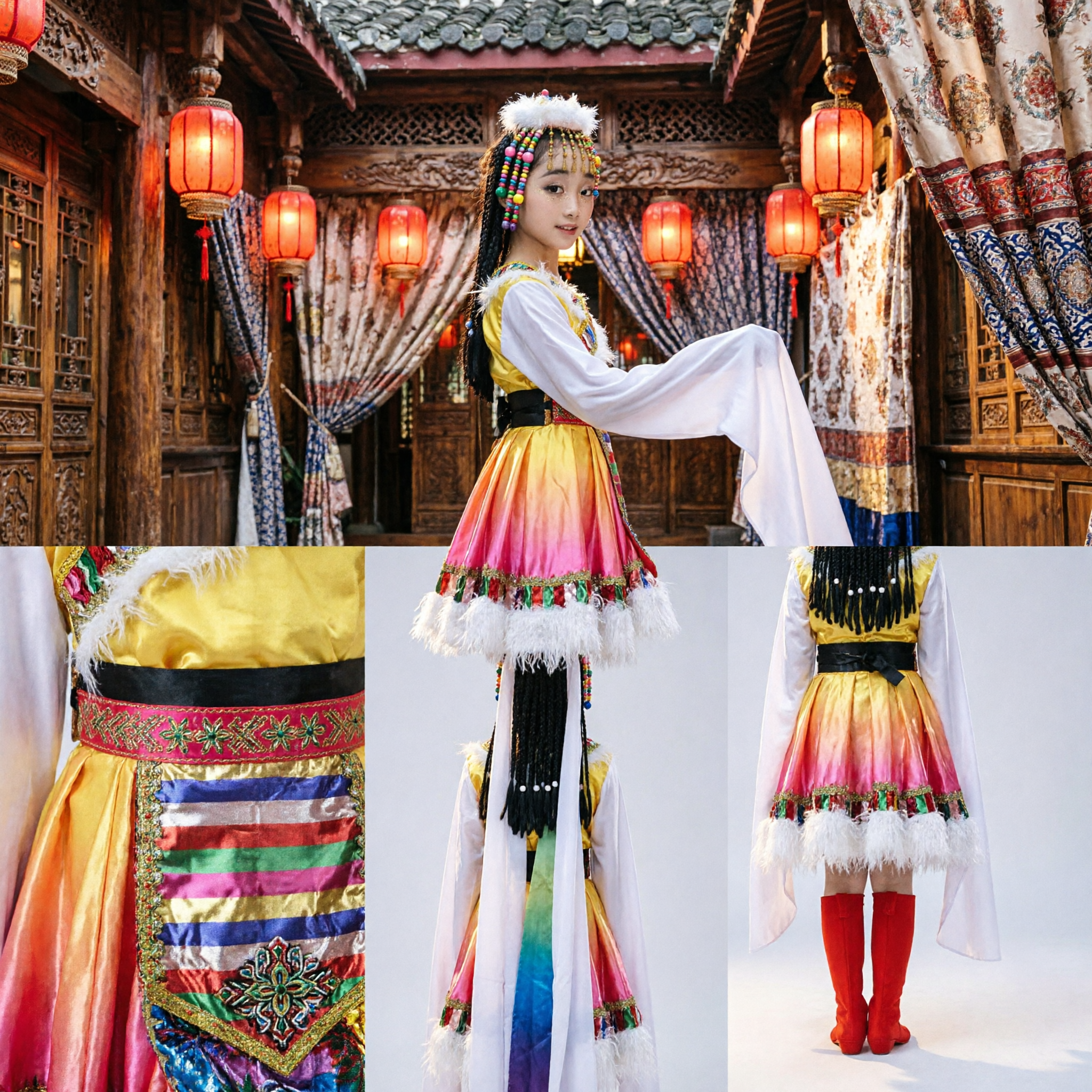 Girls Traditional Tibetan Dance Costume Chinese Ethnic Folk Performance Dress with Long Water Sleeves and Headdress