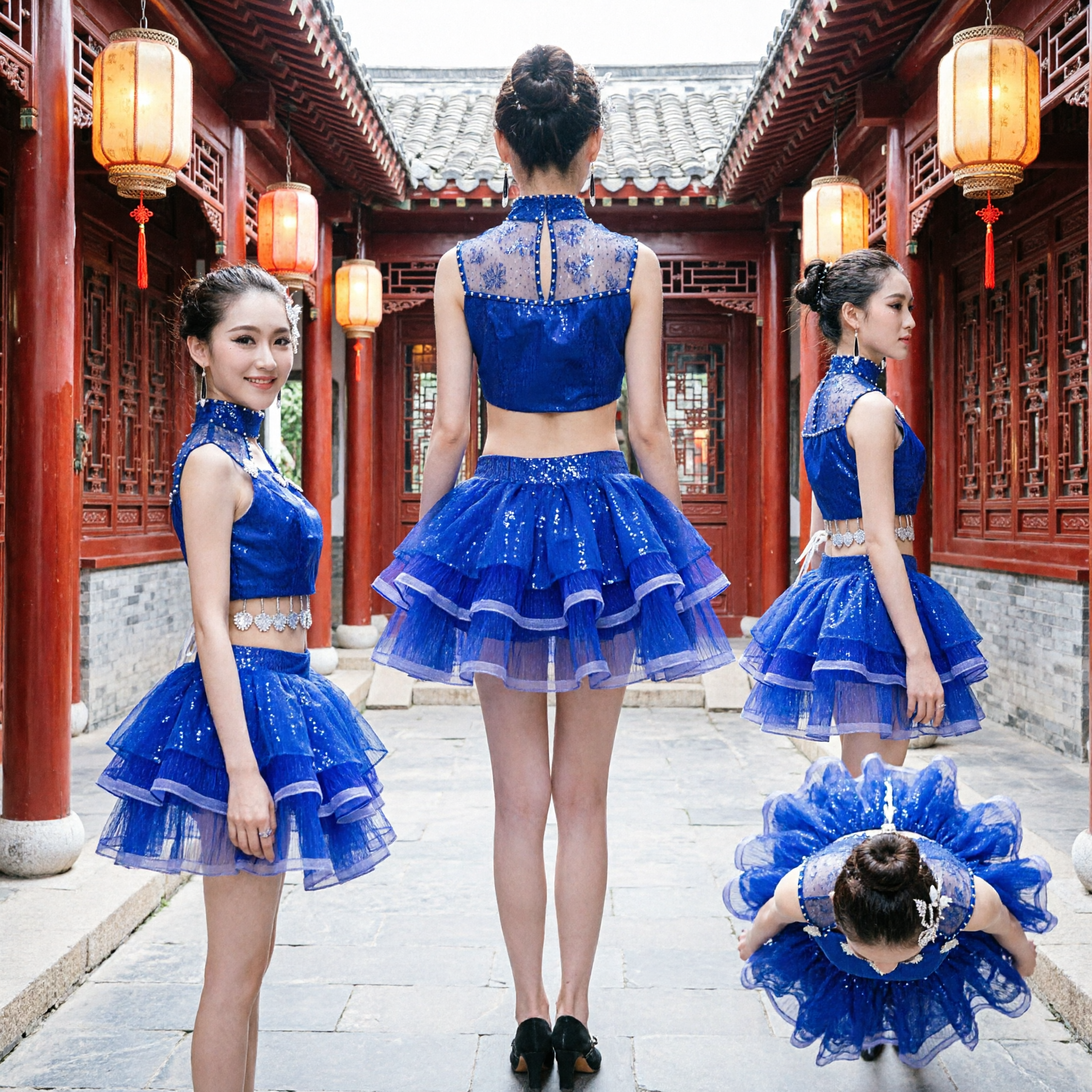 Women's Royal Blue Modern Folk Dance Costume Two-Piece Stage Performance Dress with Ruffled Skirt