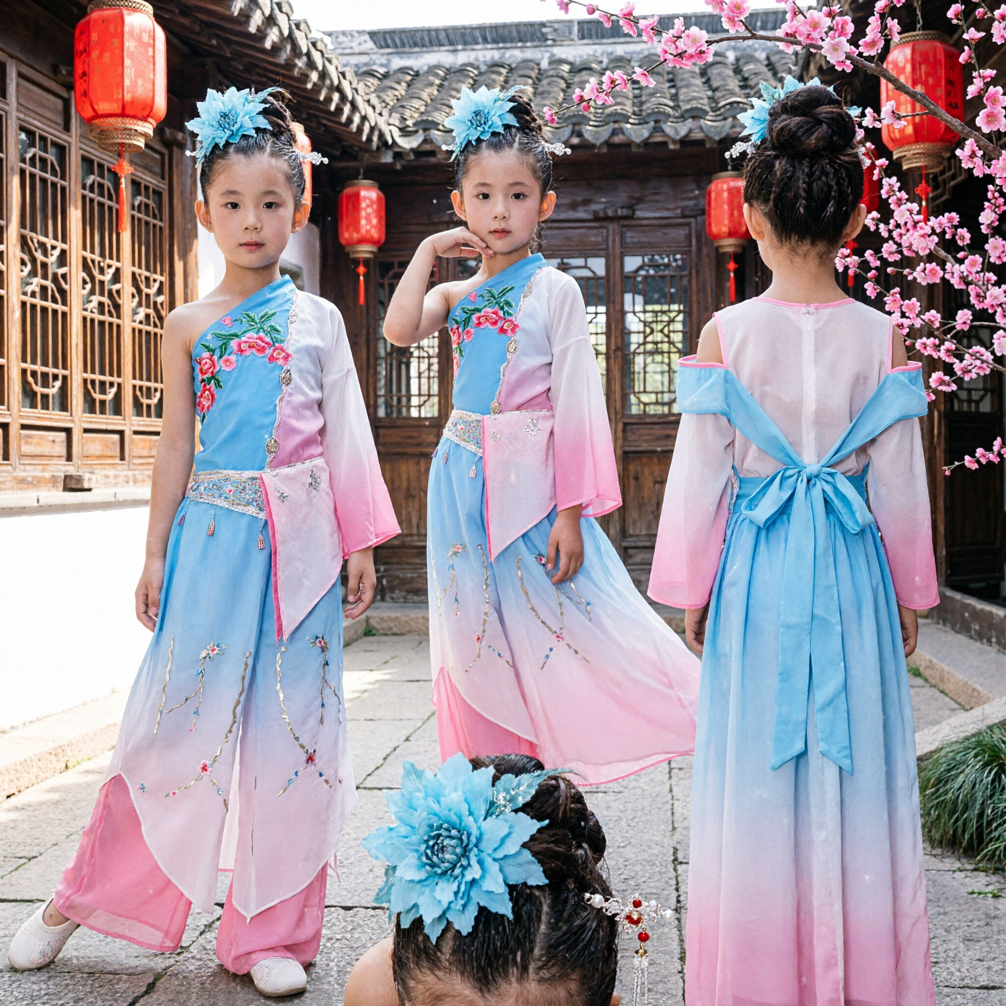 Kids Chinese Classical Dance Costume Girls Blue Pink Floral Embroidery Performance Wear for Stage