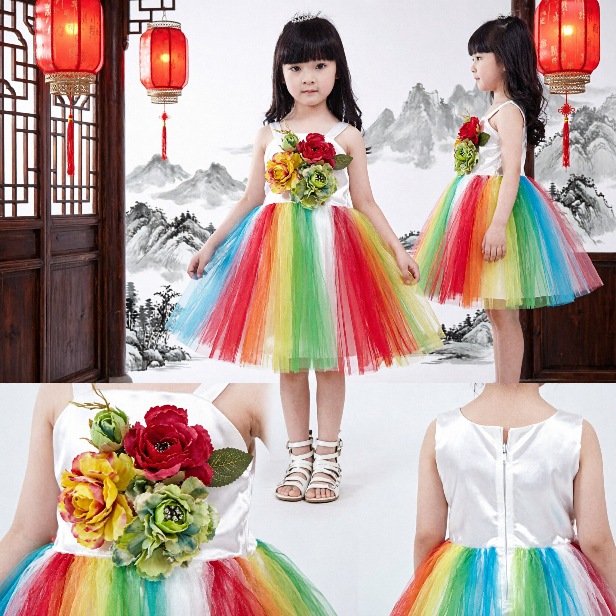 Vibrant Rainbow Tulle Tutu Dress for Girls Kids Flower Stage Performance Costume Party Wear