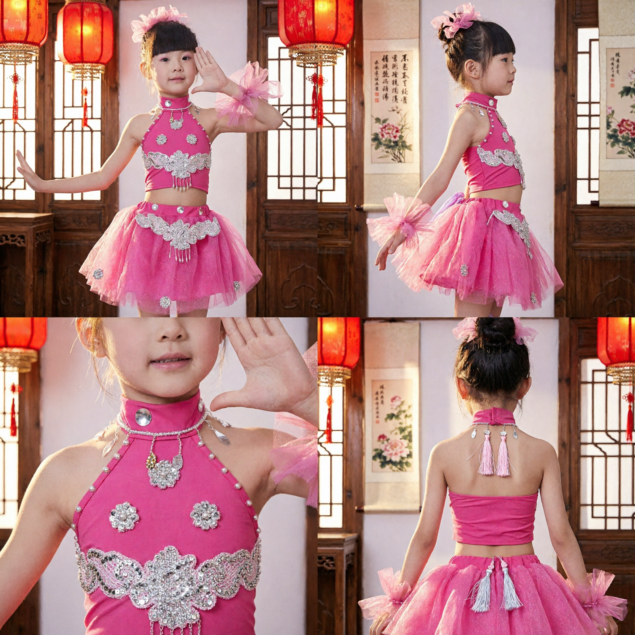 Girls Pink Modern Chinese Dance Costume Sequined Halter Top and Tulle Tutu Skirt Stage Performance Outfit