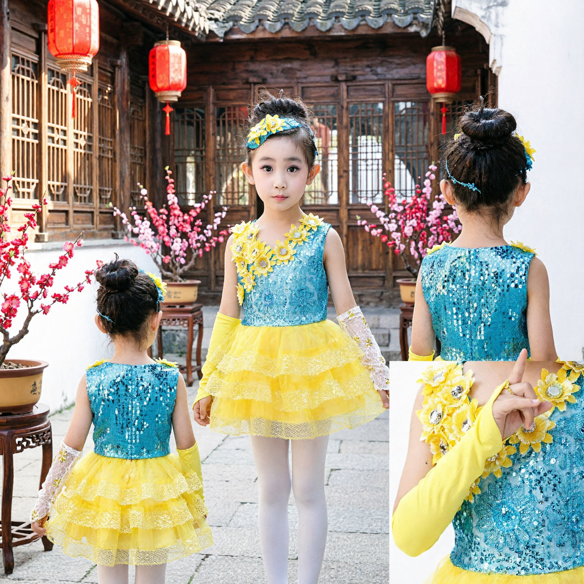 Girls Blue Sequin and Yellow Tulle Latin Dance Costume Floral Performance Dress for Stage Recital and Competition