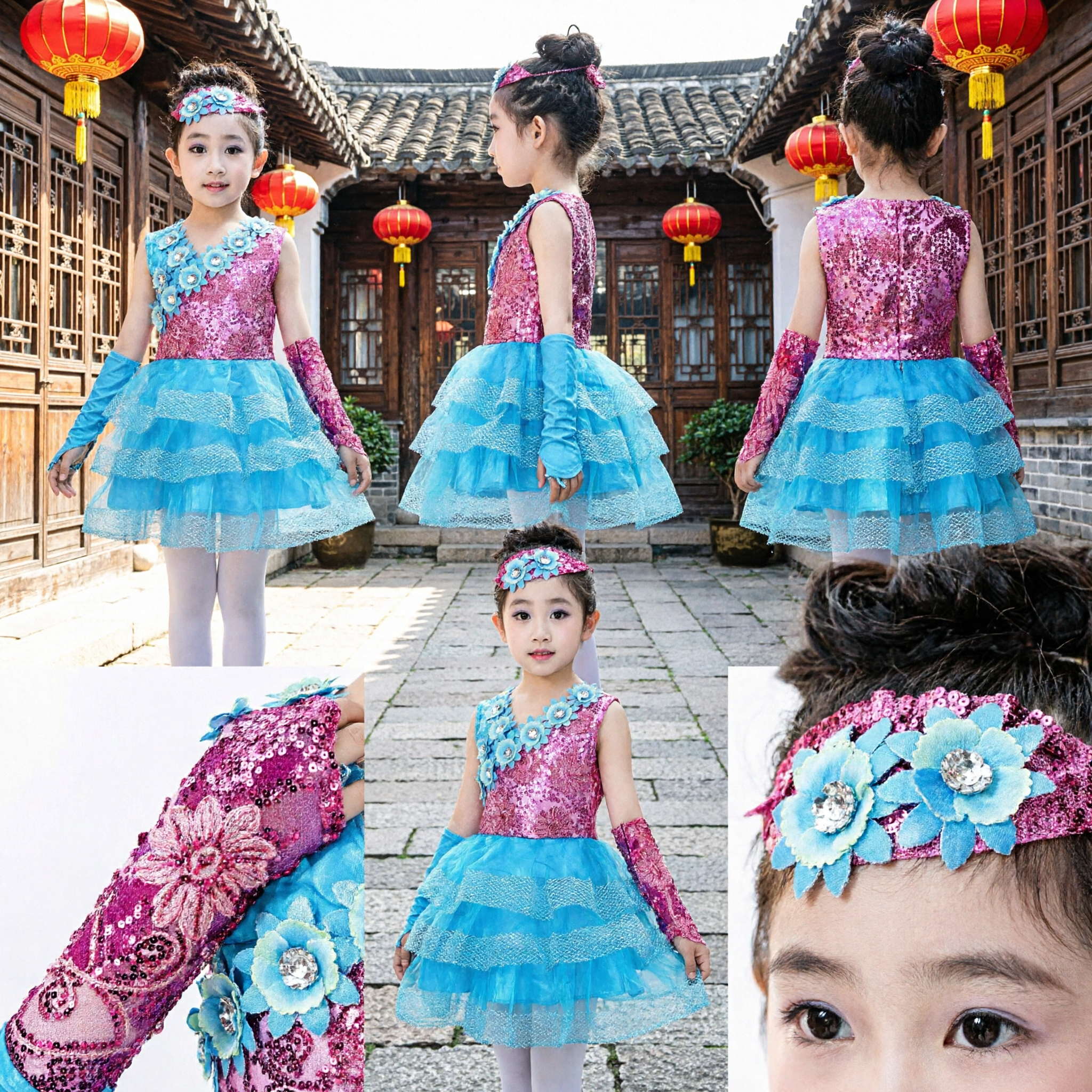 Girls Latin Dance Costume Sequined Ballroom Dress Blue Pink Floral Kids Stage Performance Outfit