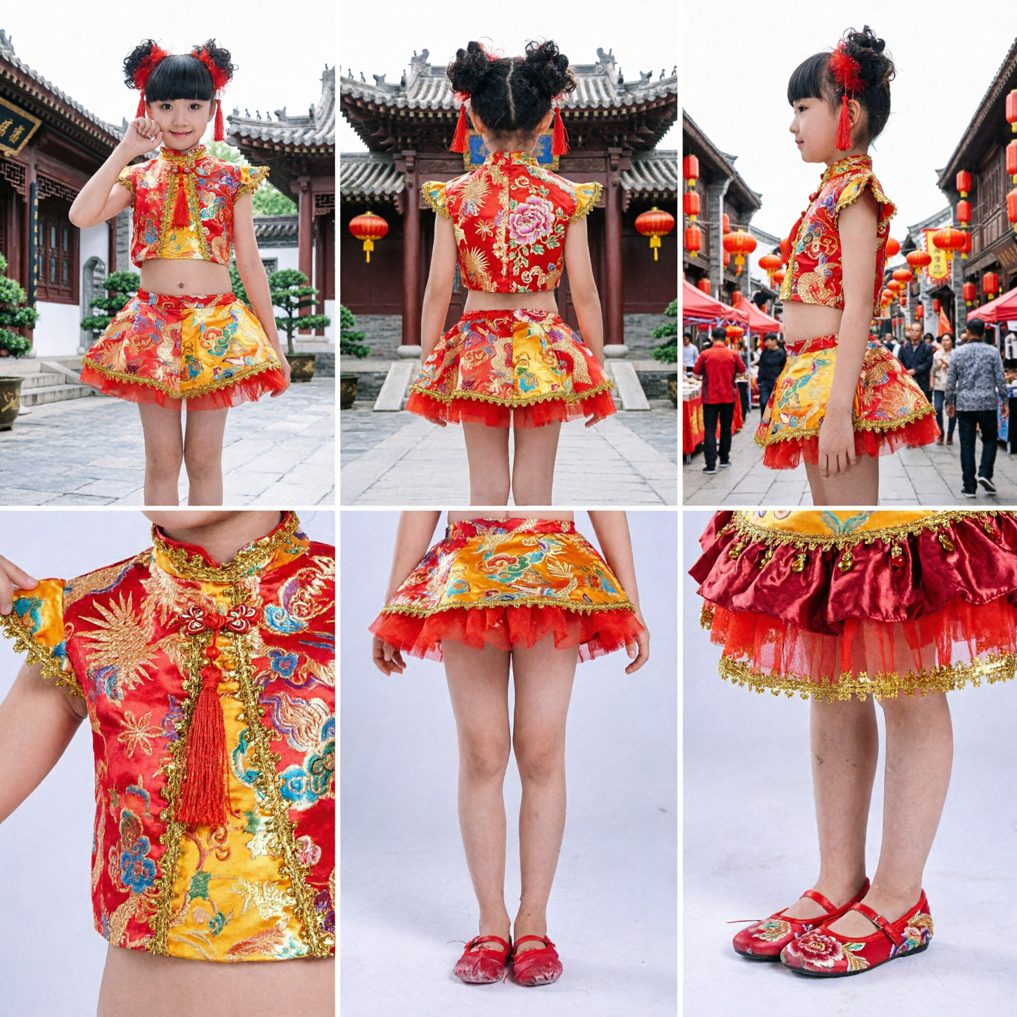 Girls Chinese Traditional Folk Dance Costume Red Dragon Embroidery Performance Outfit for New Year Festival