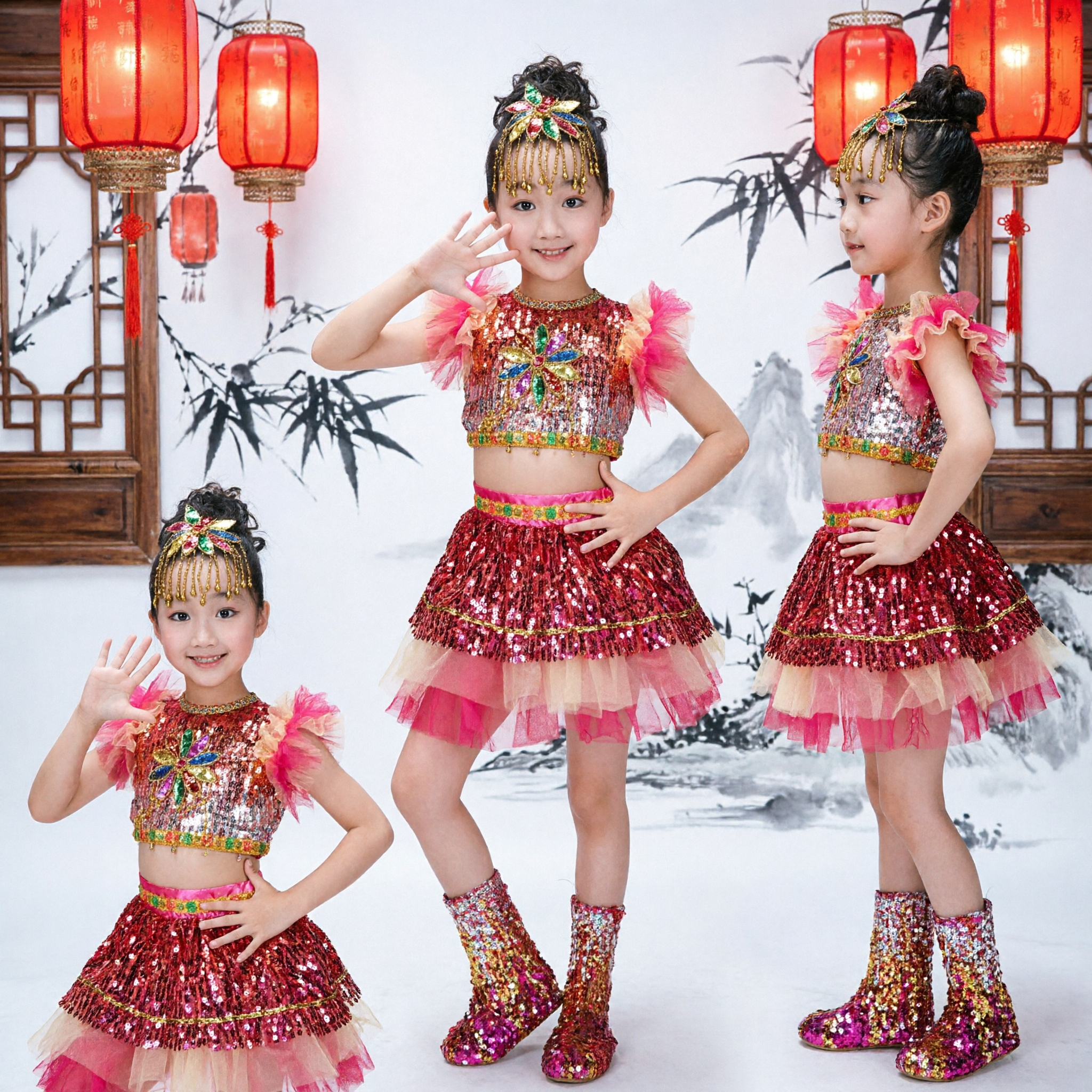 Girls Red Sequin Dance Costume Two Piece Performance Outfit for Stage Competition Shows