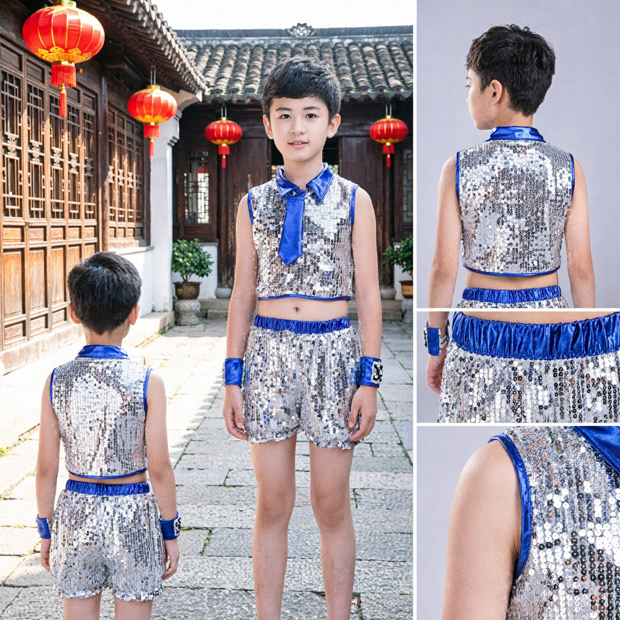 Boys Silver Sequin Jazz Dance Costume Hip Hop Stage Performance Outfit with Blue Tie