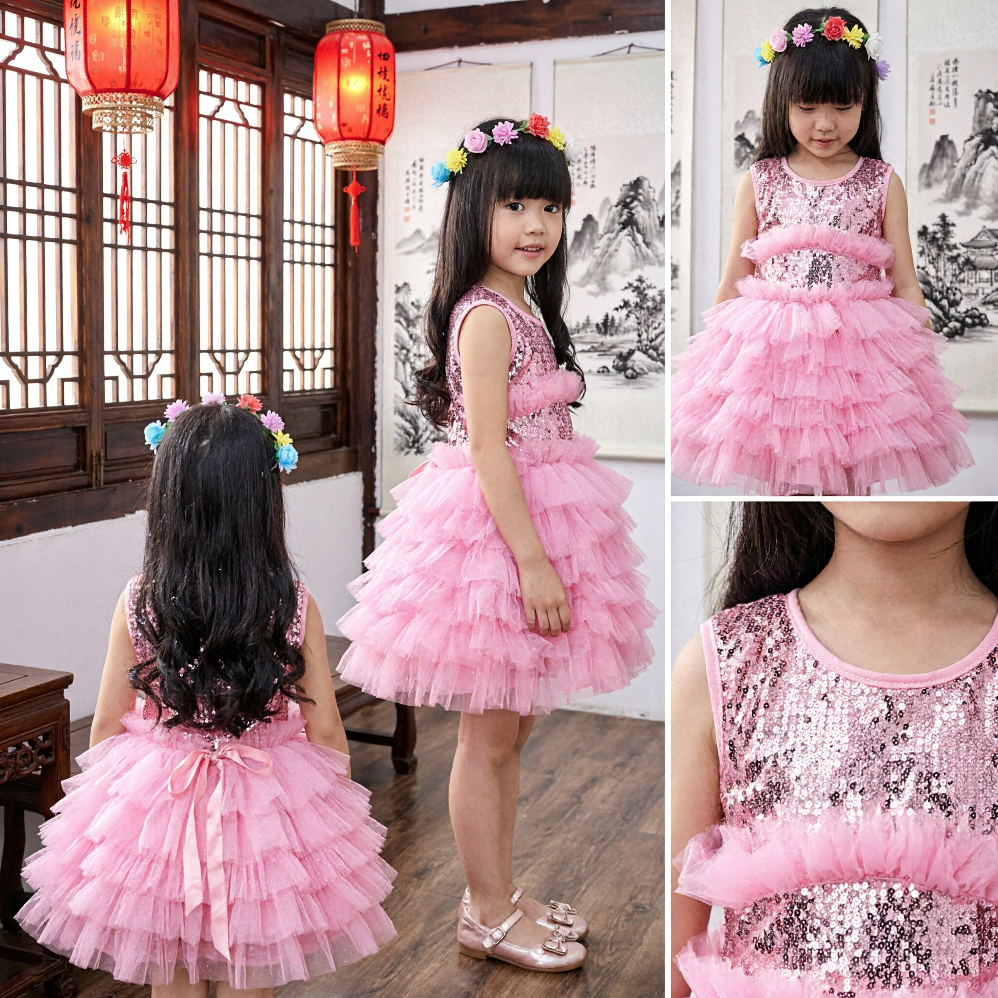 Girls Pink Sequin Tutu Dress with Floral Headband for Party Dance Performance Princess Costume