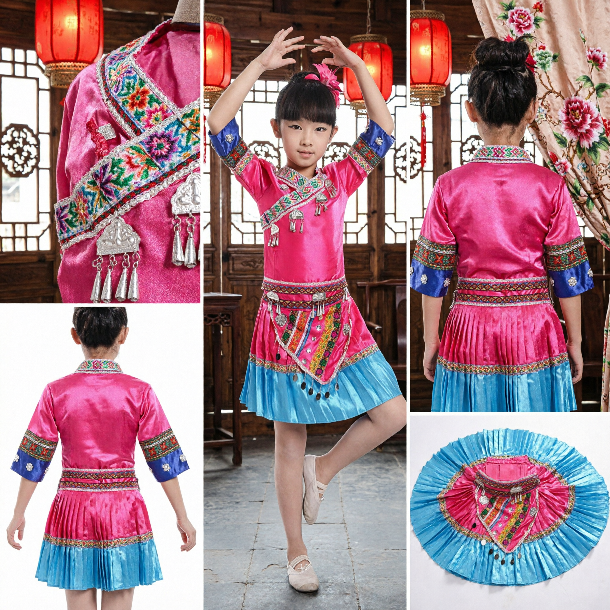 Kids Chinese Miao Minority Folk Dance Costume Traditional Embroidery Stage Performance Dress for Girls