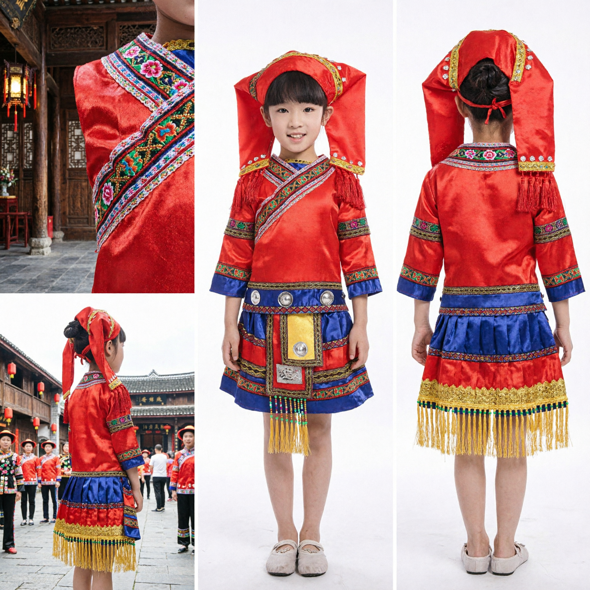 Kids Chinese Traditional Folk Dance Costume Red Ethnic Minority Dress for Stage Performance