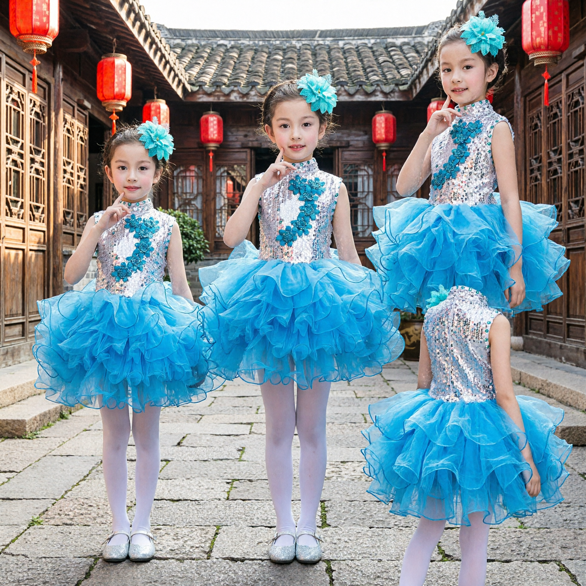 Girls Blue Sequin Dance Costume Tutu Dress for Stage Performance Singing Host Modern Outfit