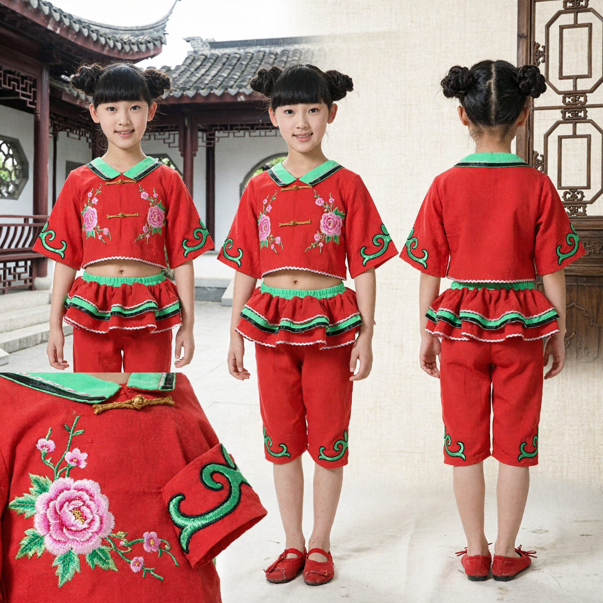 Kids Traditional Chinese Folk Dance Costume Red Floral Yangge Flower Basket Performance Outfit