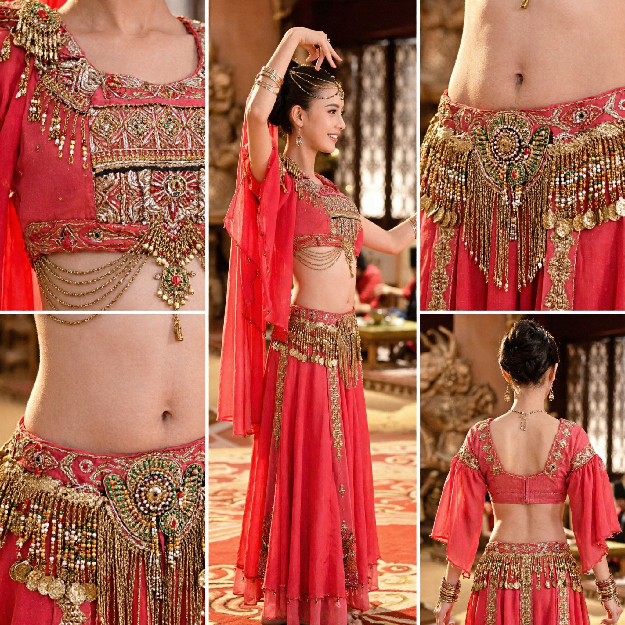 Women's Red Dunhuang Flying Apsaras Dance Costume Traditional Chinese Stage Performance Outfit with Gold Accessories