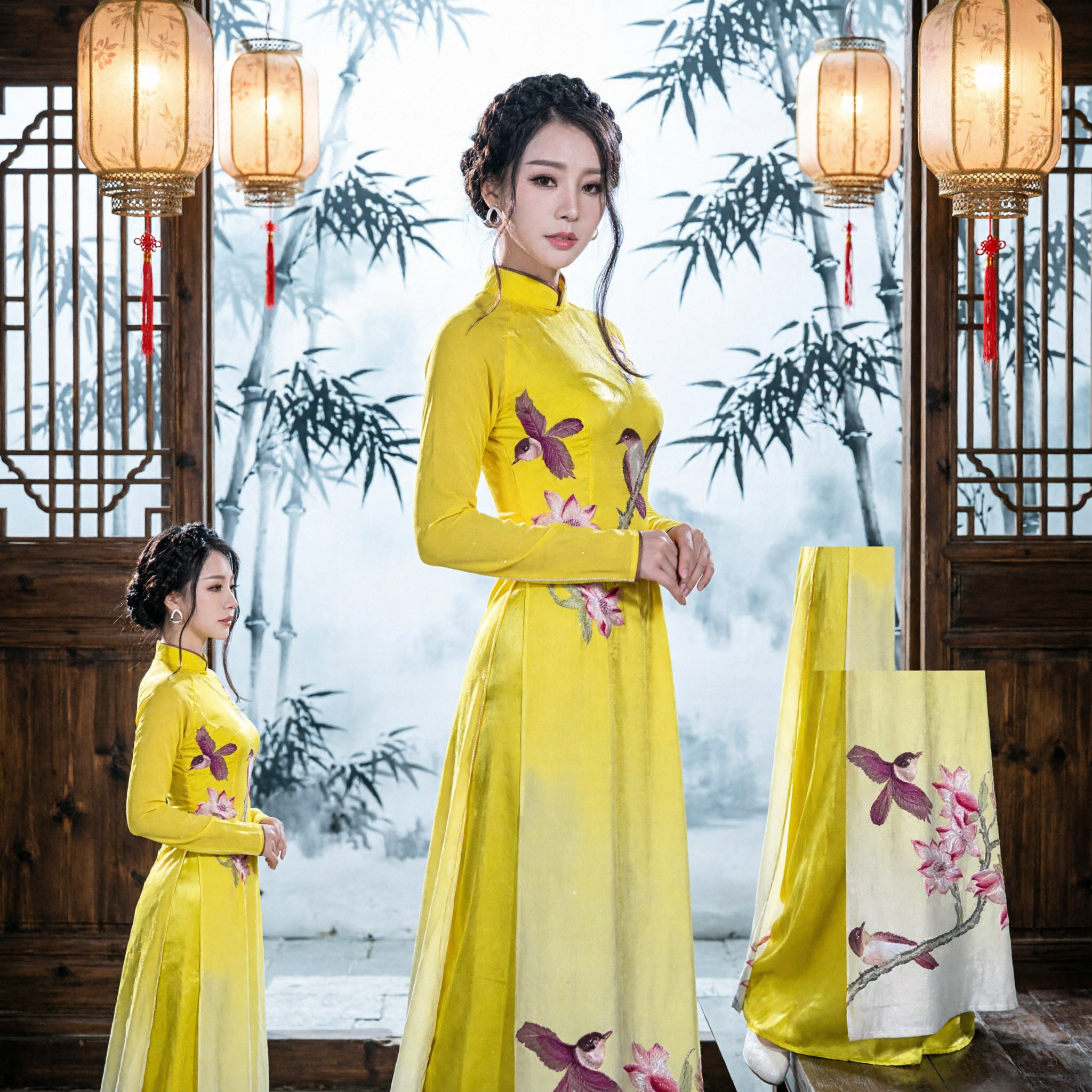 Elegant Yellow Vietnamese Ao Dai Traditional Dress Floral Bird Print Long Sleeve Formal Cultural Costume