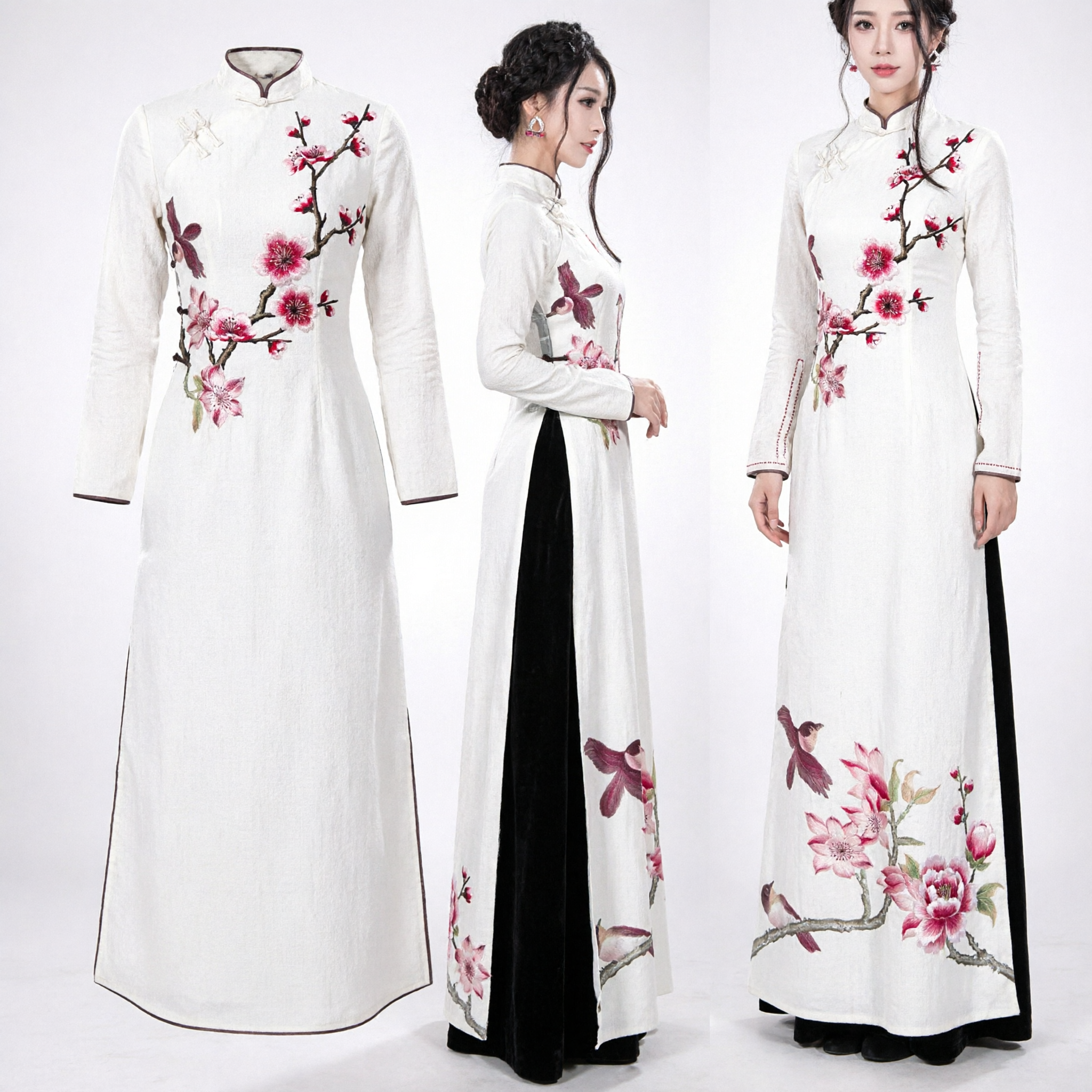 Elegant White Vietnamese Ao Dai Traditional Dress with Magnolia Flowers Long Sleeve Top for Women