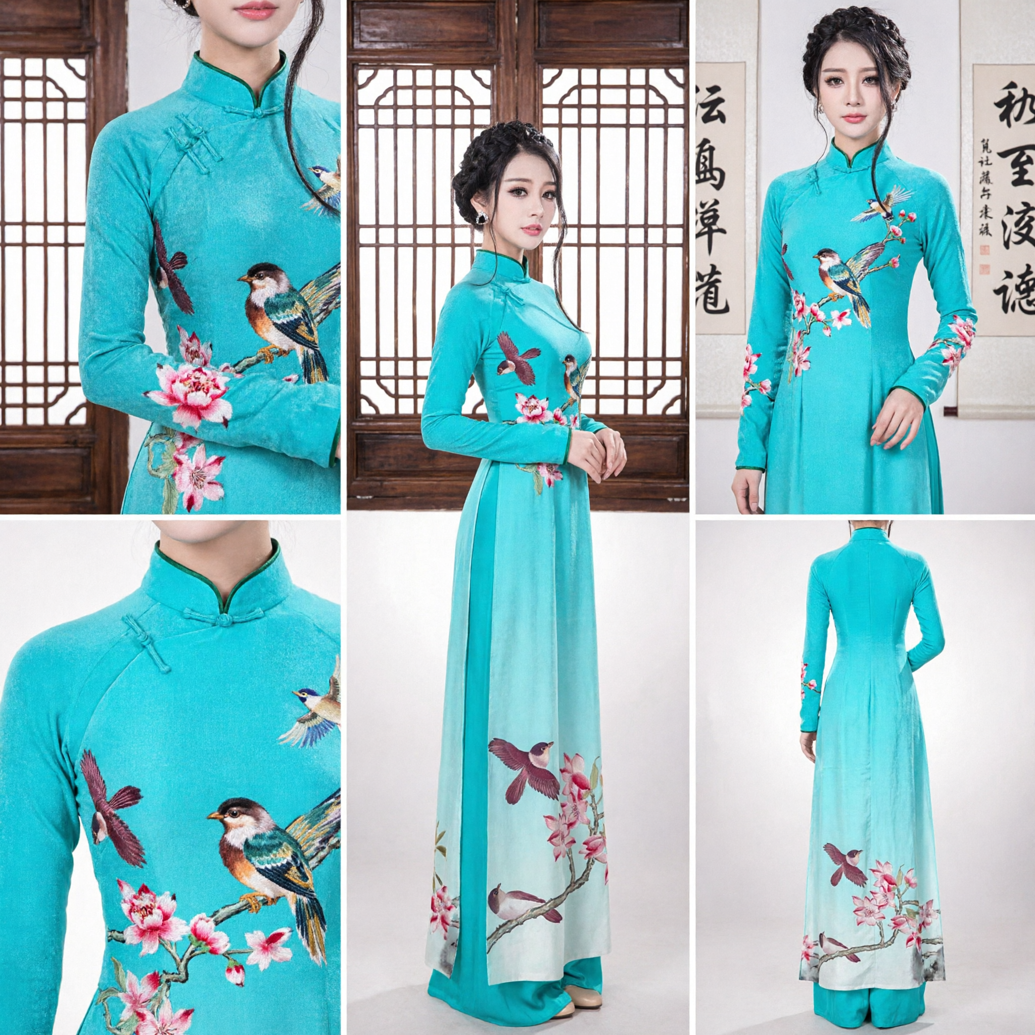 Elegant Blue Vietnamese Ao Dai Traditional Silk Dress with Lotus and Bird Print for Wedding and Festival
