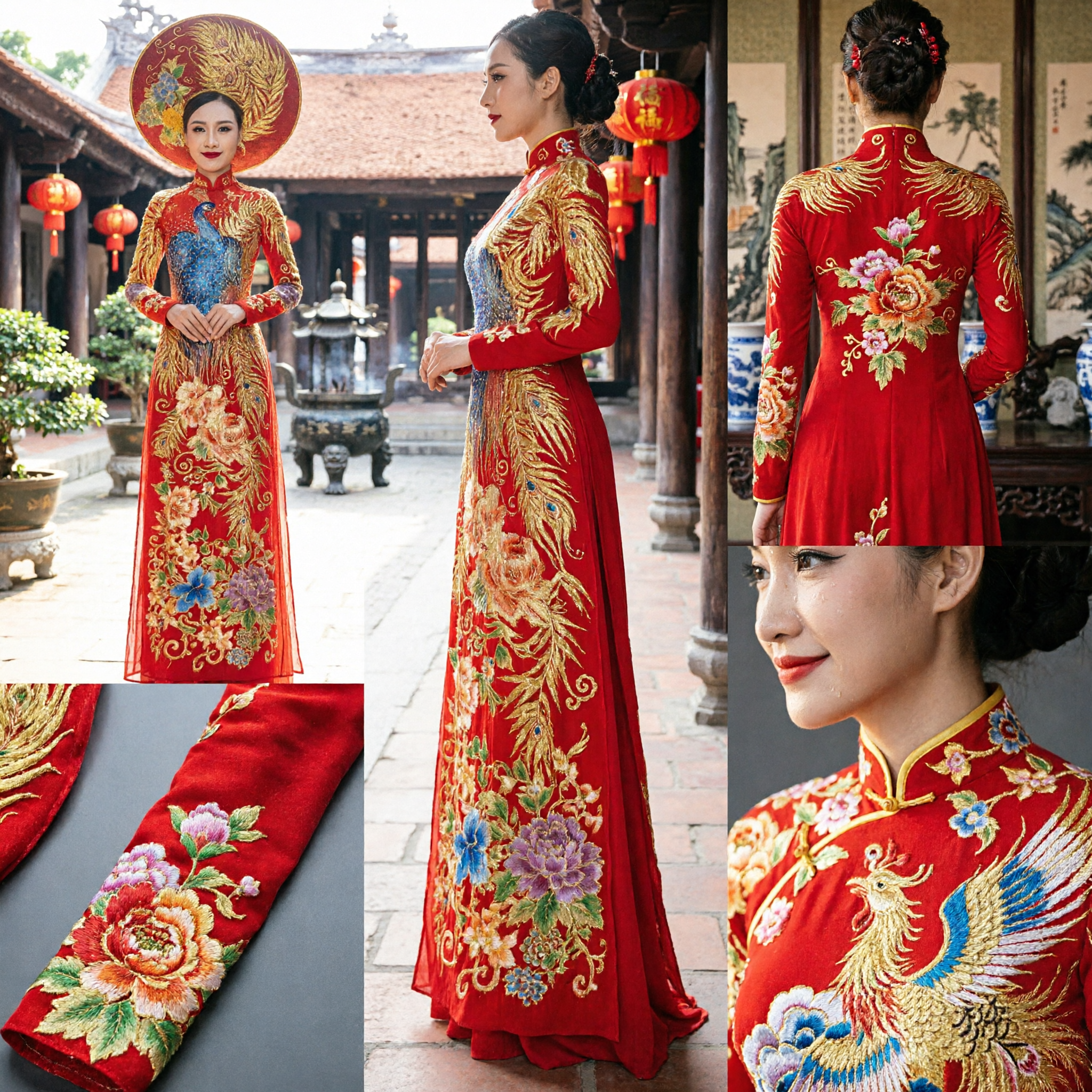 Traditional Chinese Red Phoenix Embroidery Wedding Dress Stage Performance Costume with Headdress for Women