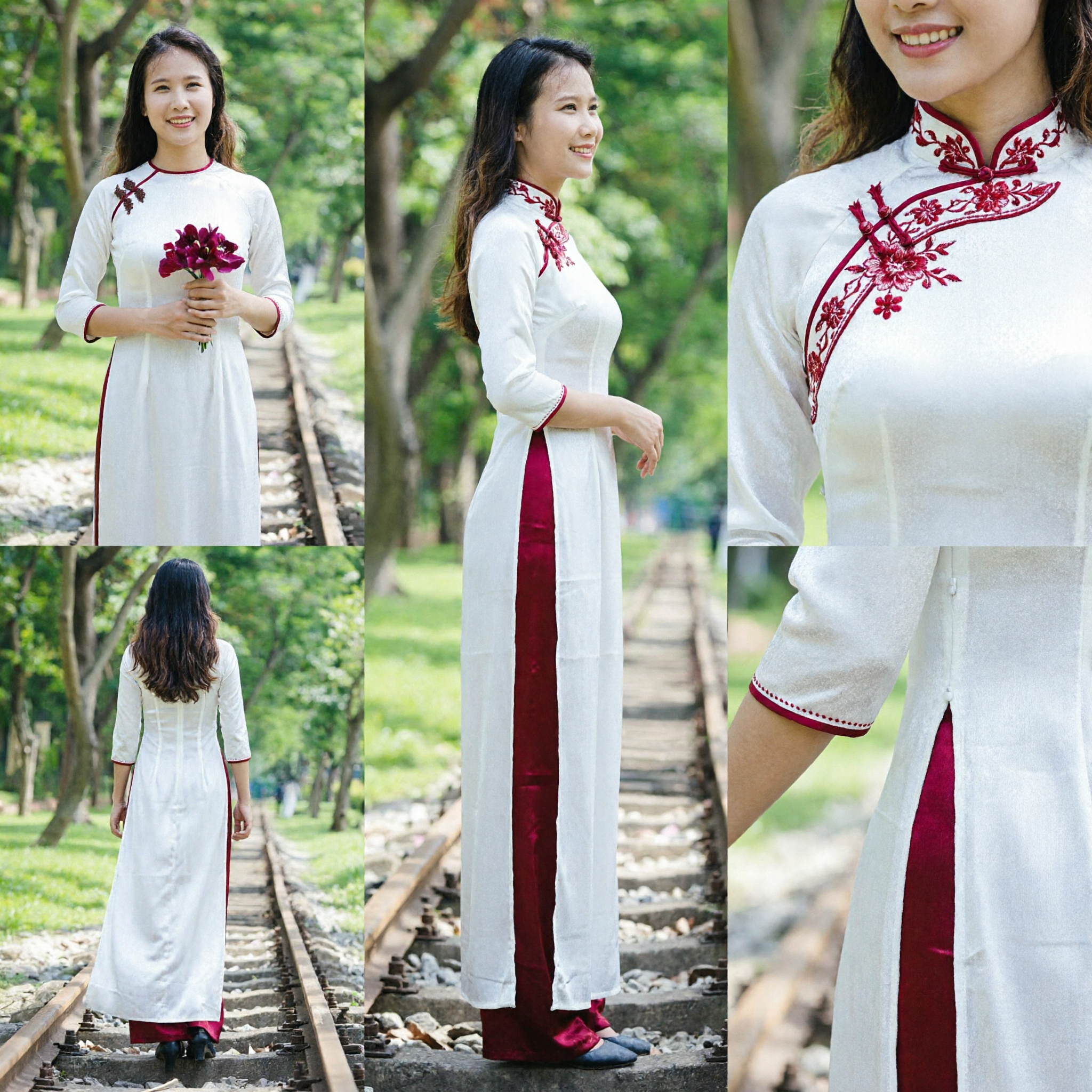 Traditional Vietnamese Ao Dai White and Burgundy Long Dress with Pants for Women Wedding Festival