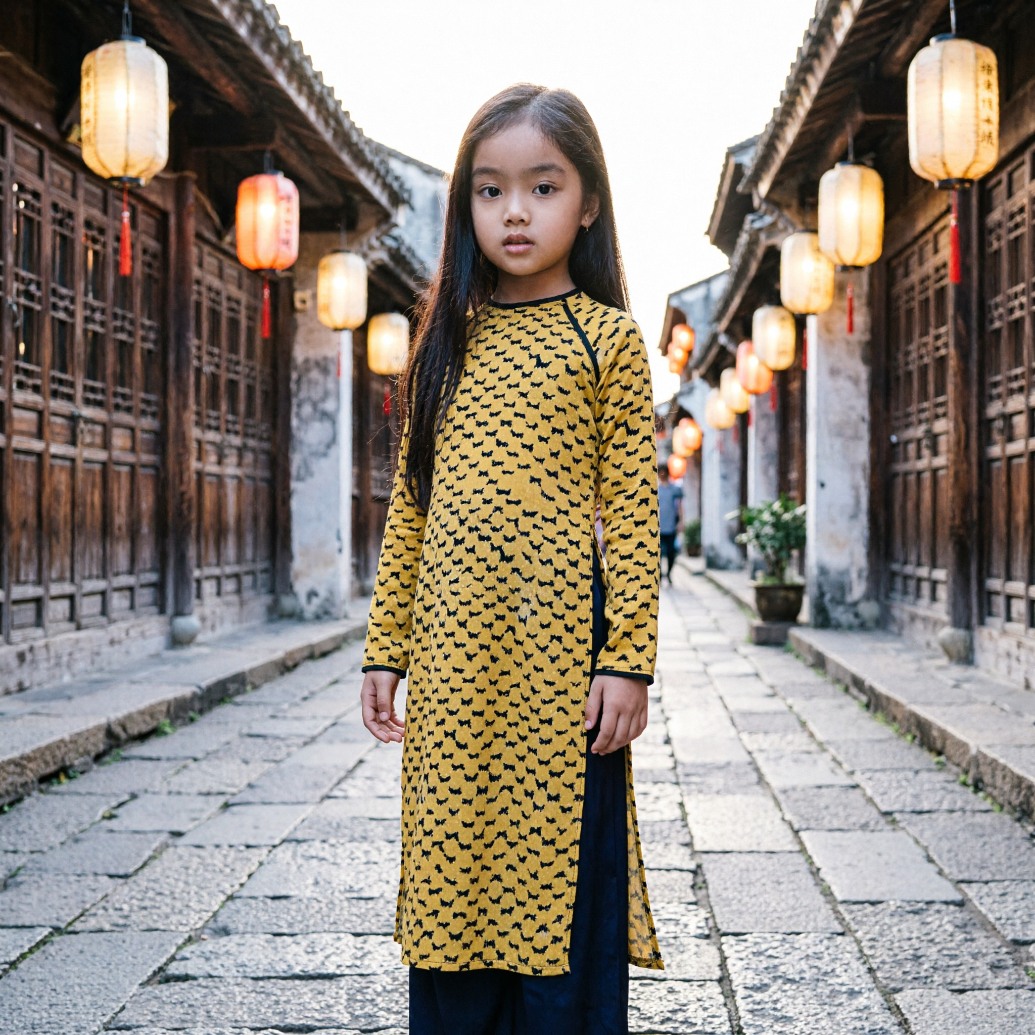 Traditional Vietnamese Ao Dai for Girls Yellow Patterned Long Sleeve National Costume for Kids Festival Wear
