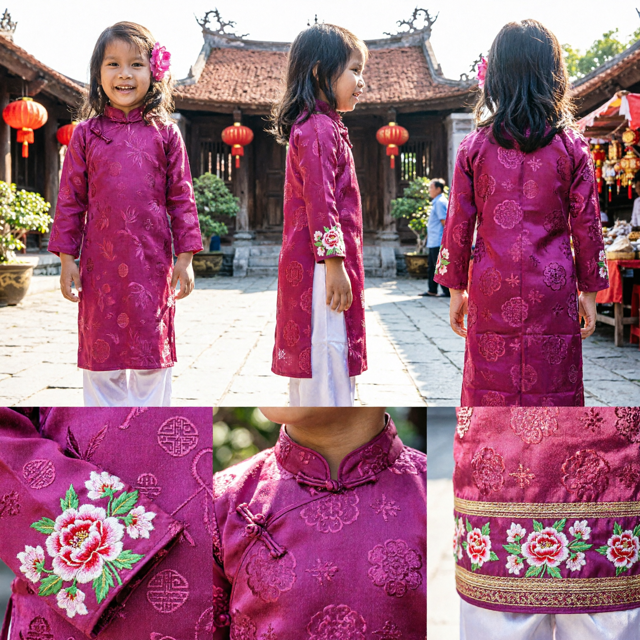 Kids Traditional Vietnamese Ao Dai Costume Magenta Silk Tunic and White Pants Set for Girls Dance Performance