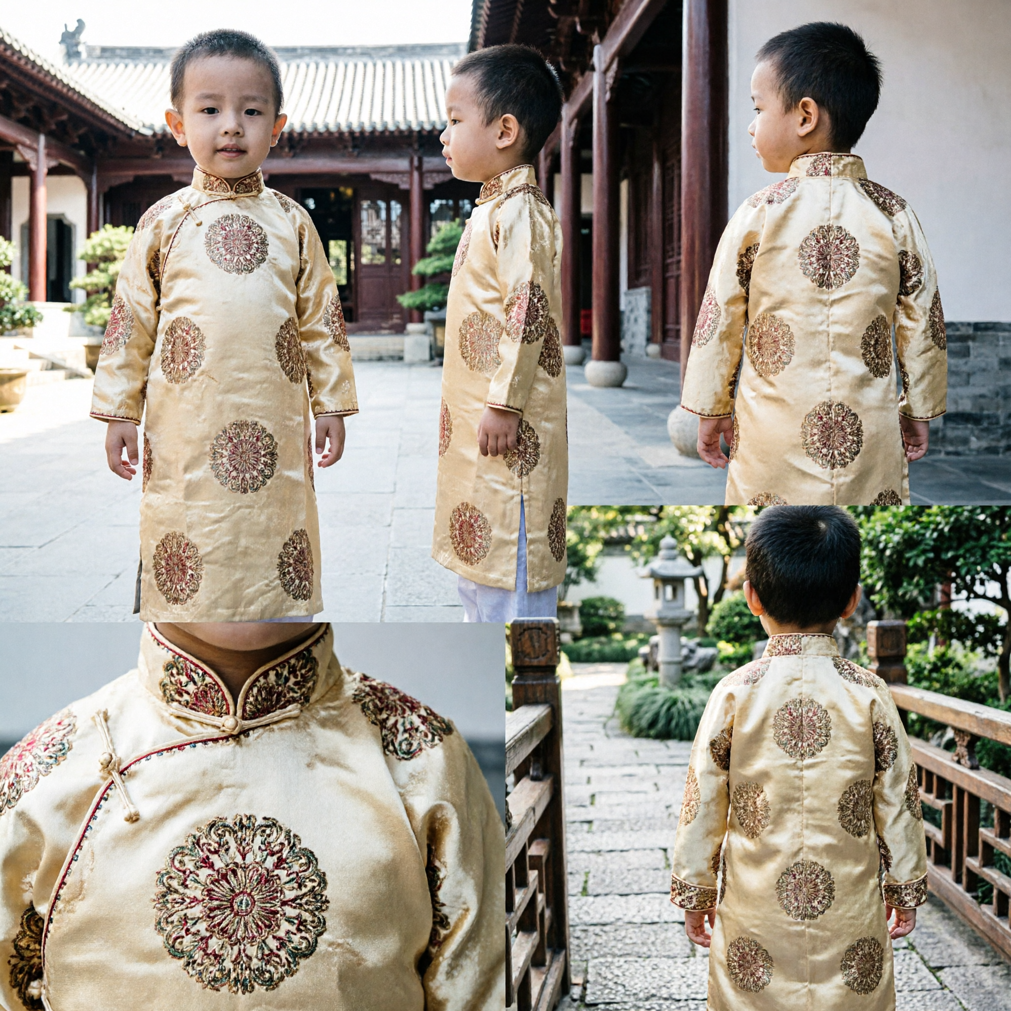 Kids Boys Chinese Tang Suit Traditional Silk Brocade Top Mandarin Collar Wedding Festival Costume