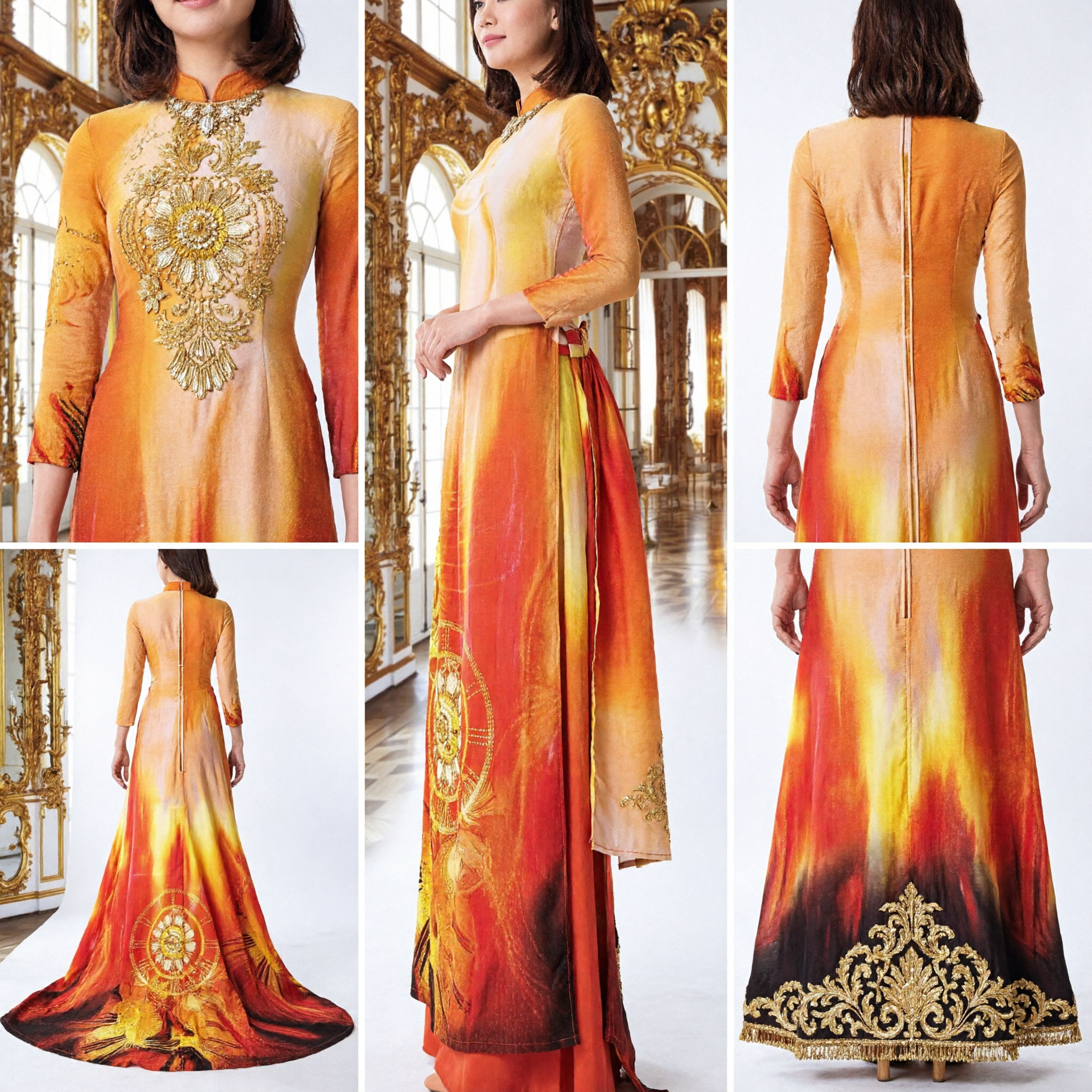 Elegant Women's Traditional Vietnamese Ao Dai Long Dress Orange Yellow Gradient Print Formal Evening Gown