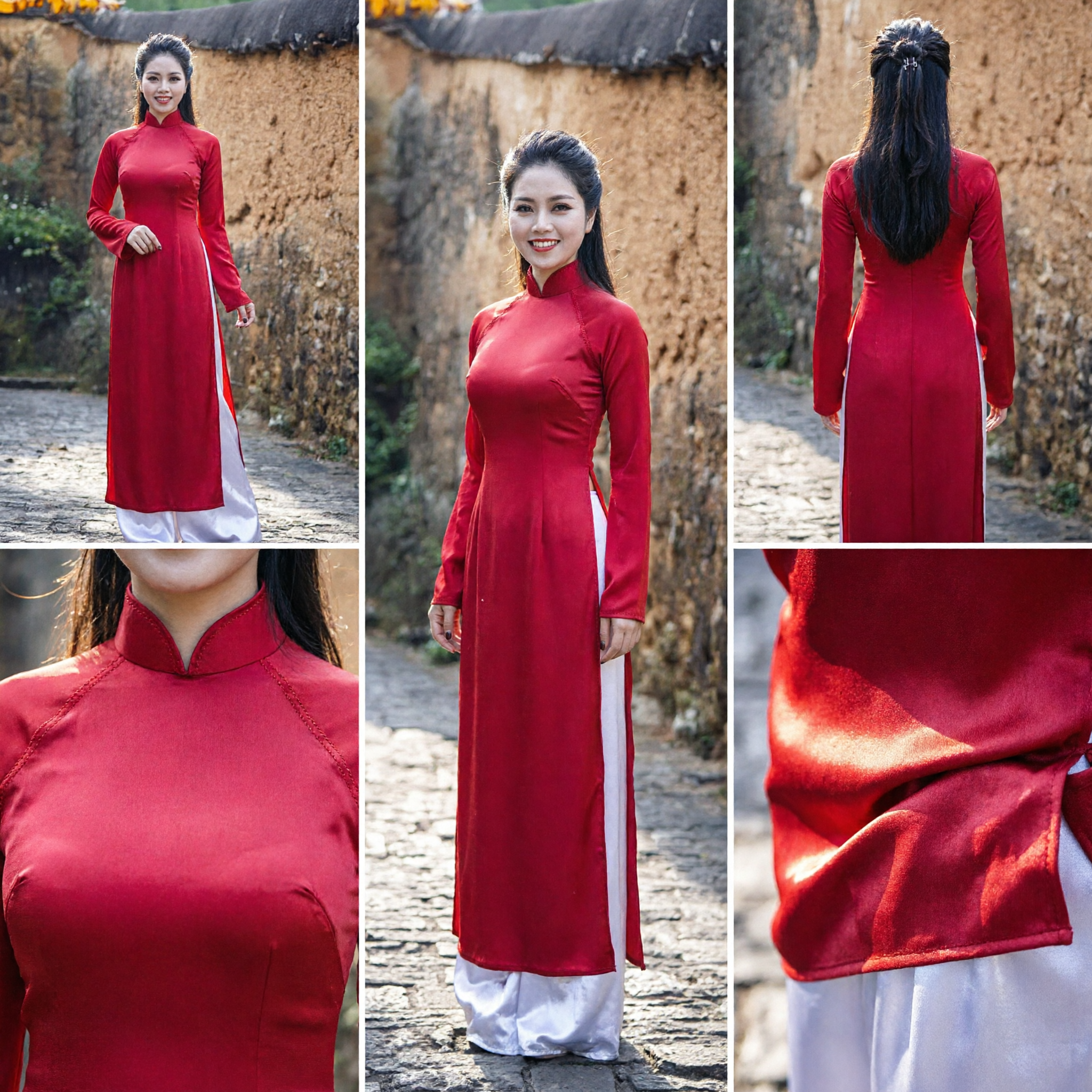 Elegant Red Vietnamese Ao Dai Traditional Dress Long Sleeve Wedding Party Costume for Women