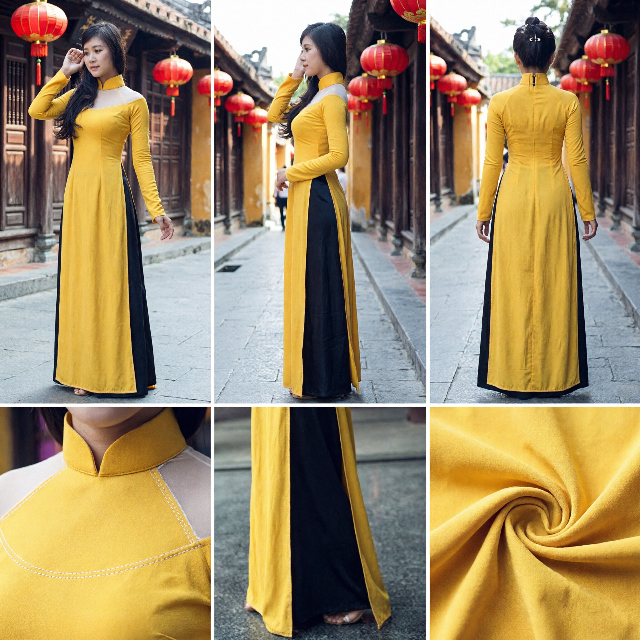 Traditional Vietnamese Yellow Ao Dai Dress Long Sleeve High Collar Formal Costume for Women