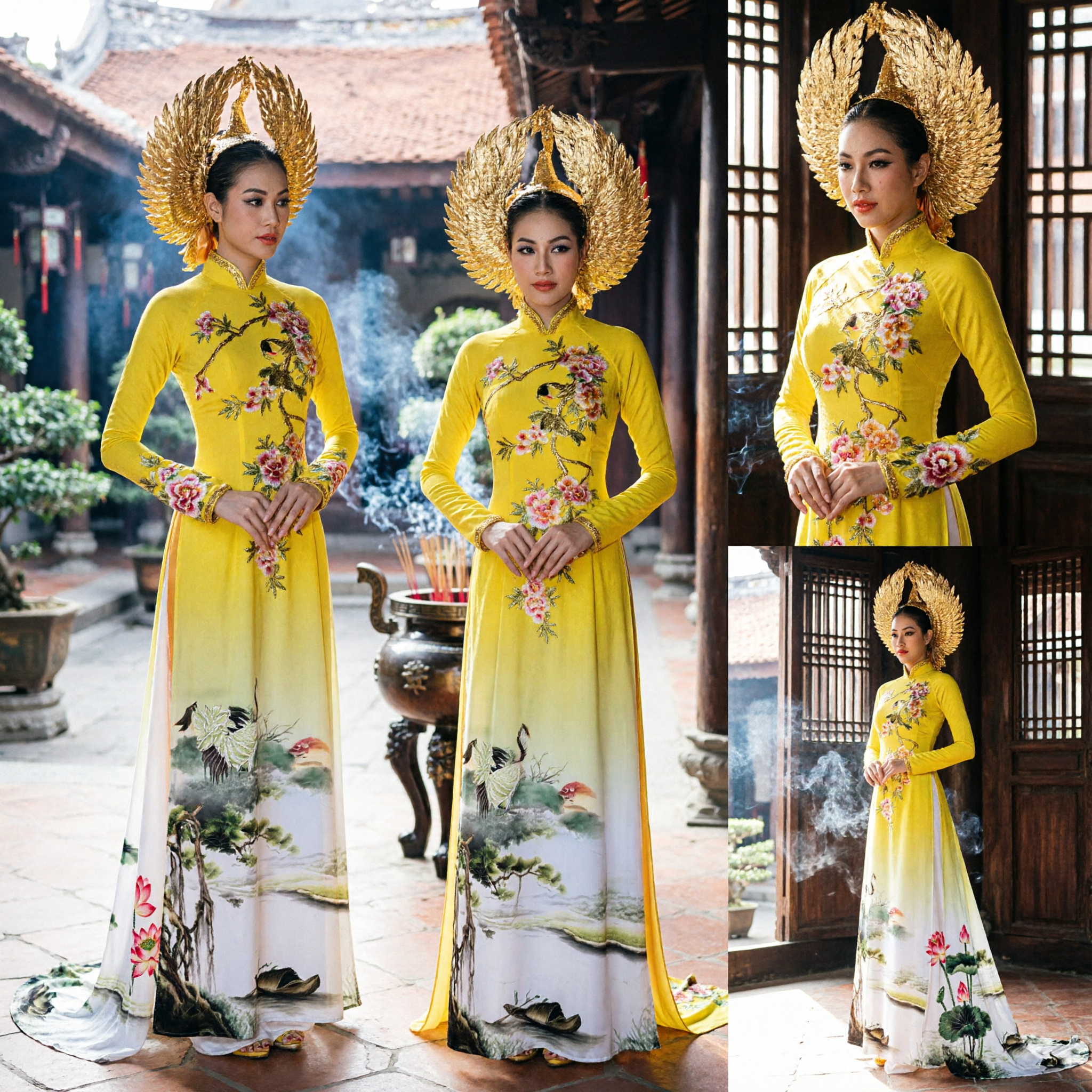 Elegant Yellow Vietnamese Ao Dai Traditional Long Dress with Floral Print for Women Wedding Ceremony