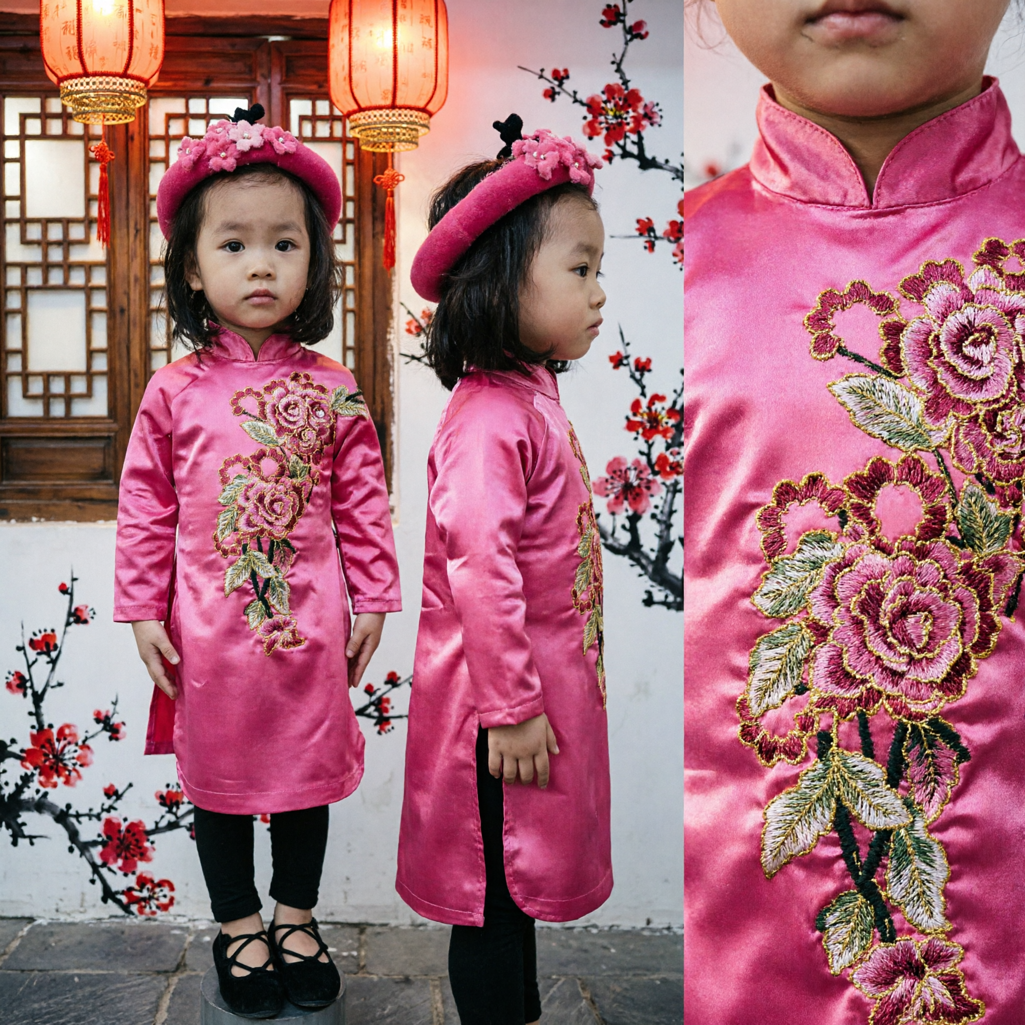 Pink Floral Embroidery Ao Dai Traditional Vietnamese Dress for Girls Kids Toddler Costume with Matching Headband