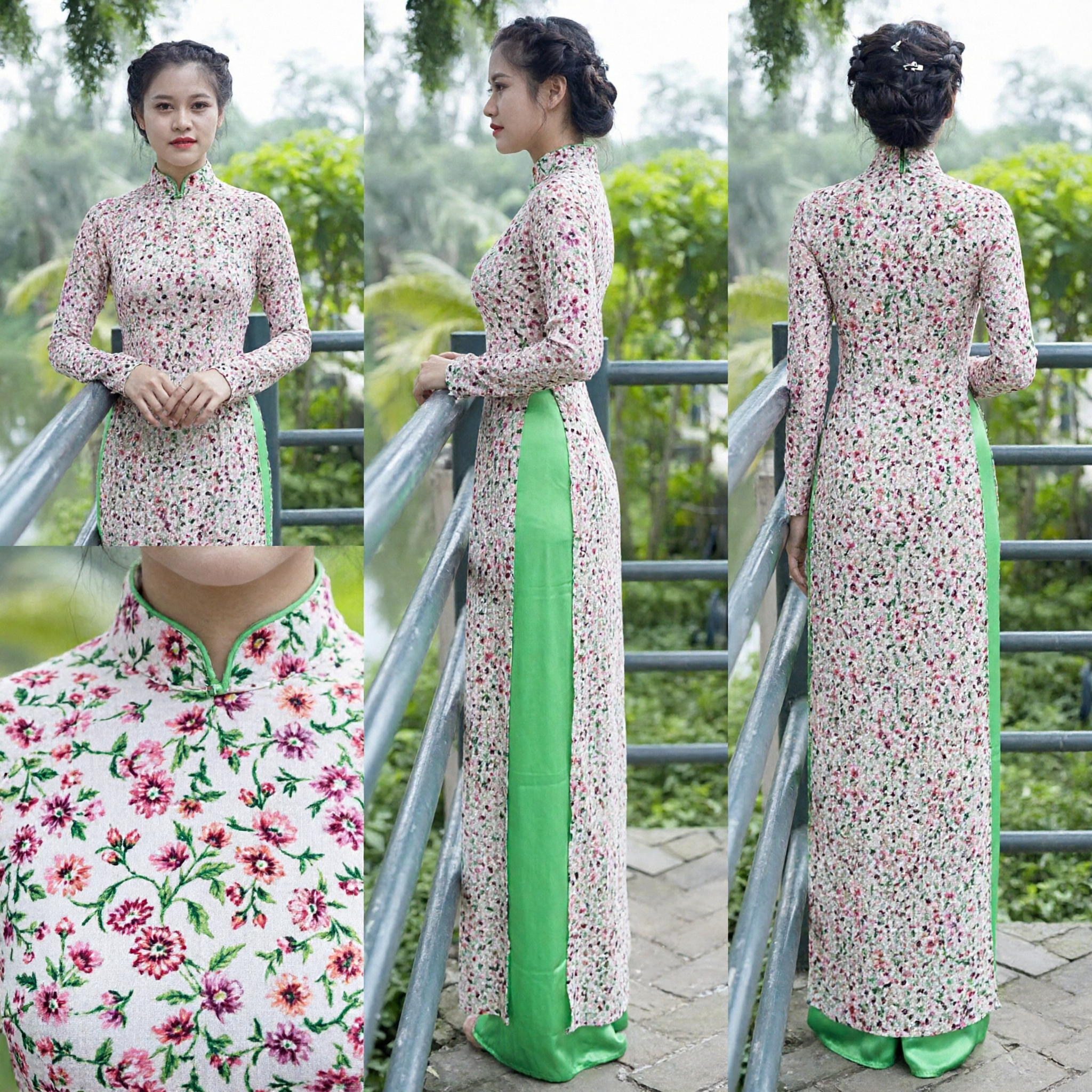 Vietnamese Ao Dai Traditional Floral Print Long Dress for Women Wedding Festival Cultural Costume