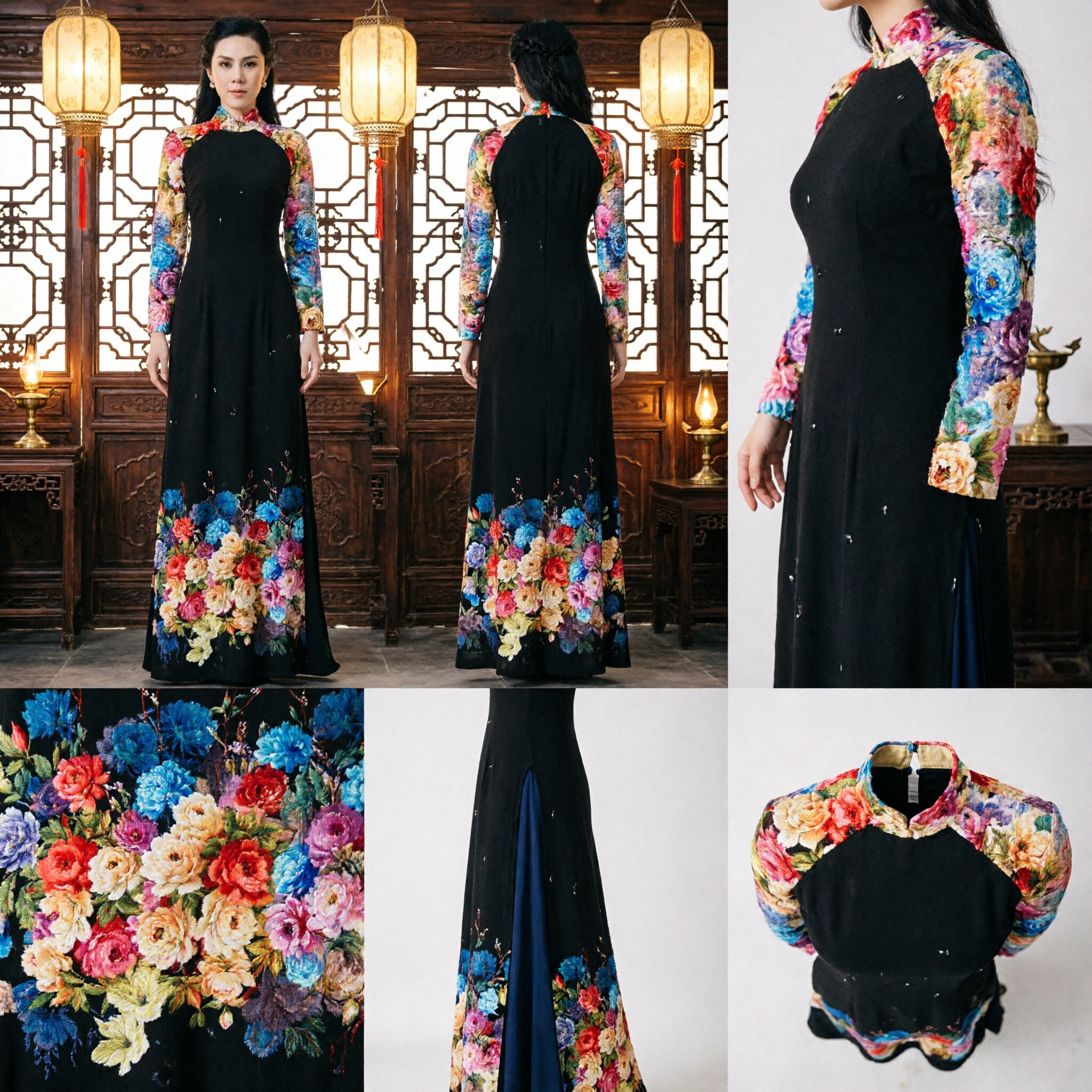 Elegant Black Floral Print Long Sleeve Ao Dai Vietnamese Traditional Evening Gown for Women Wedding Party