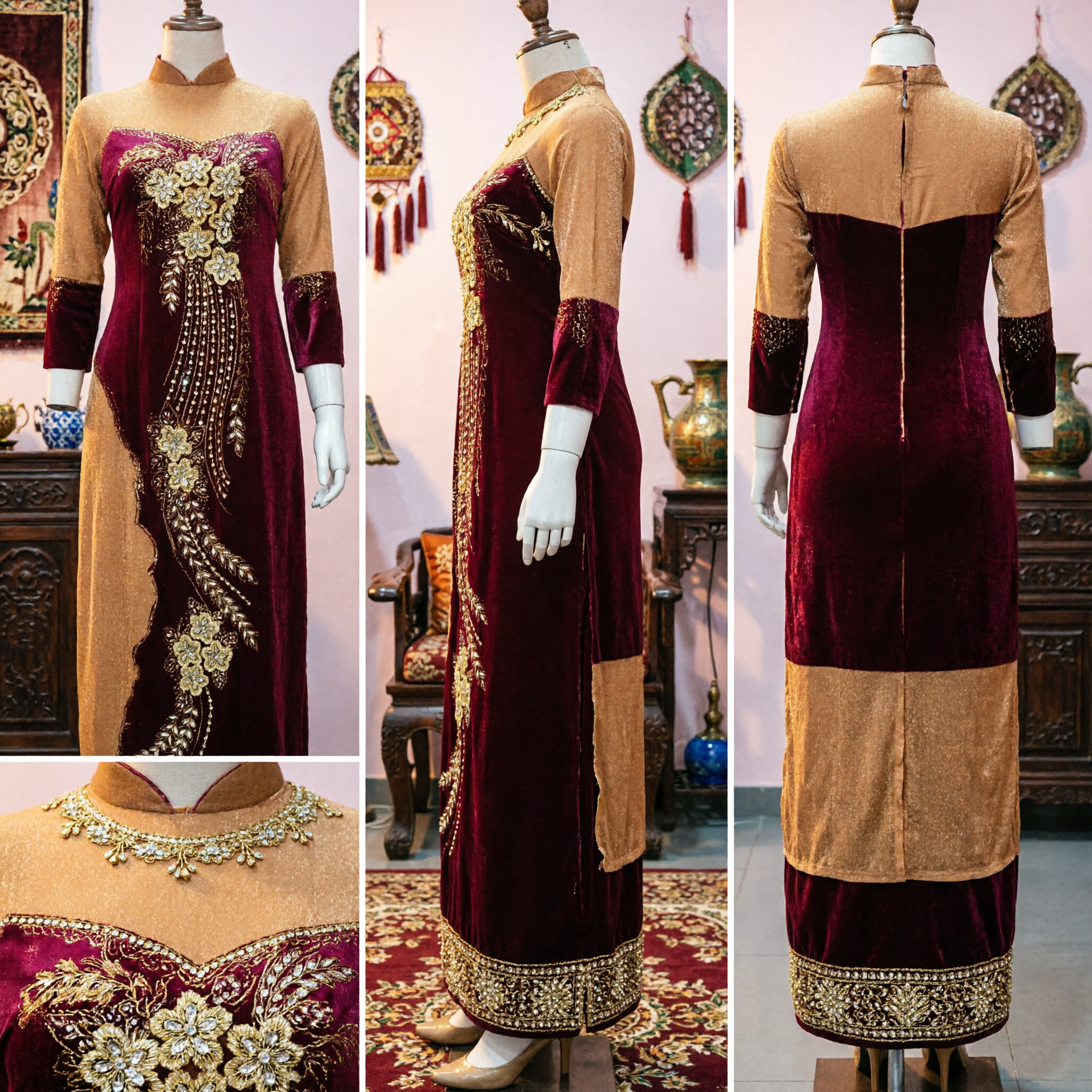 Elegant Maroon Velvet Vietnamese Ao Dai Traditional Dress for Women featuring Gold Embroidery for Wedding and Formal Occasions