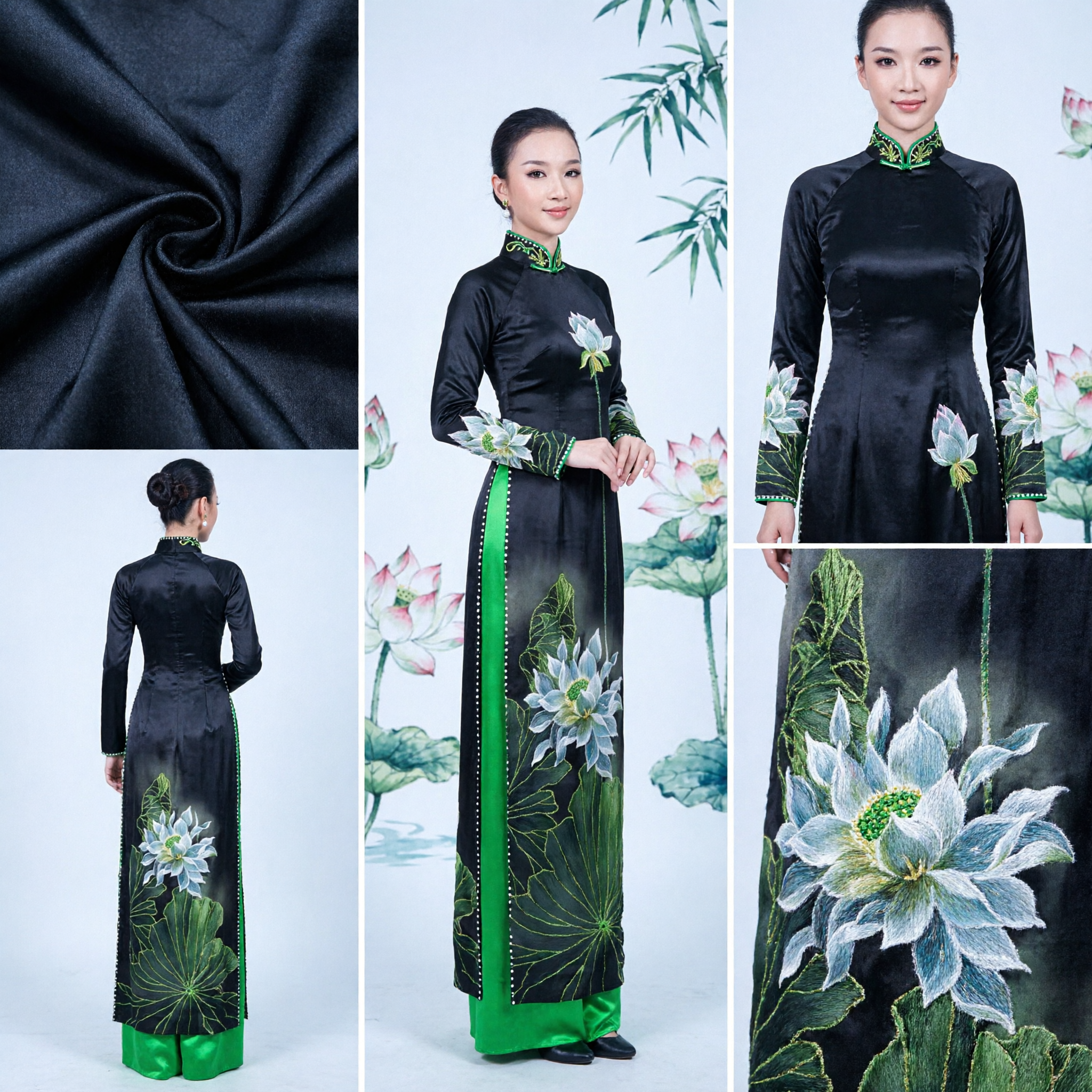 Traditional Vietnamese Ao Dai Dress Black Lotus Print Long Silk Tunic for Women Formal Performance Costume