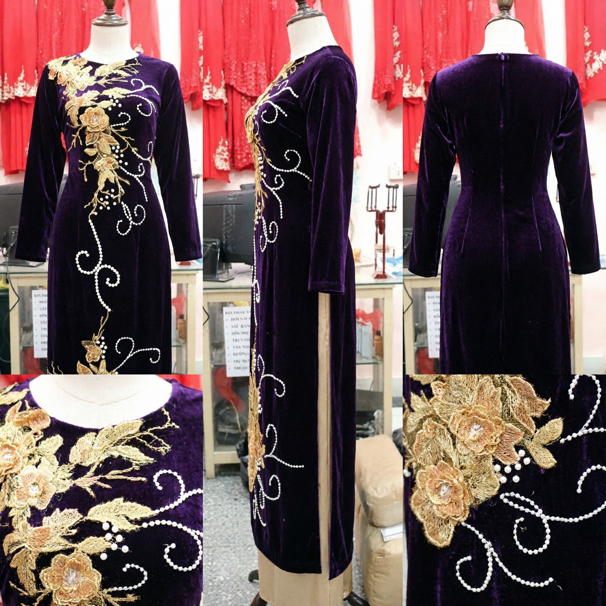 Elegant Dark Purple Velvet Ao Dai with Gold Floral Embroidery Traditional Vietnamese Dress for Women