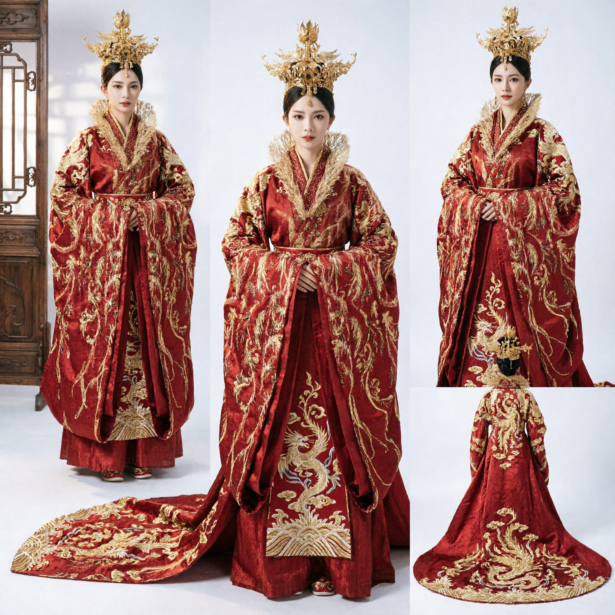 Majestic Ancient Chinese Empress Red Phoenix Robe Hanfu Traditional Costume with Fur Collar for Women Cosplay