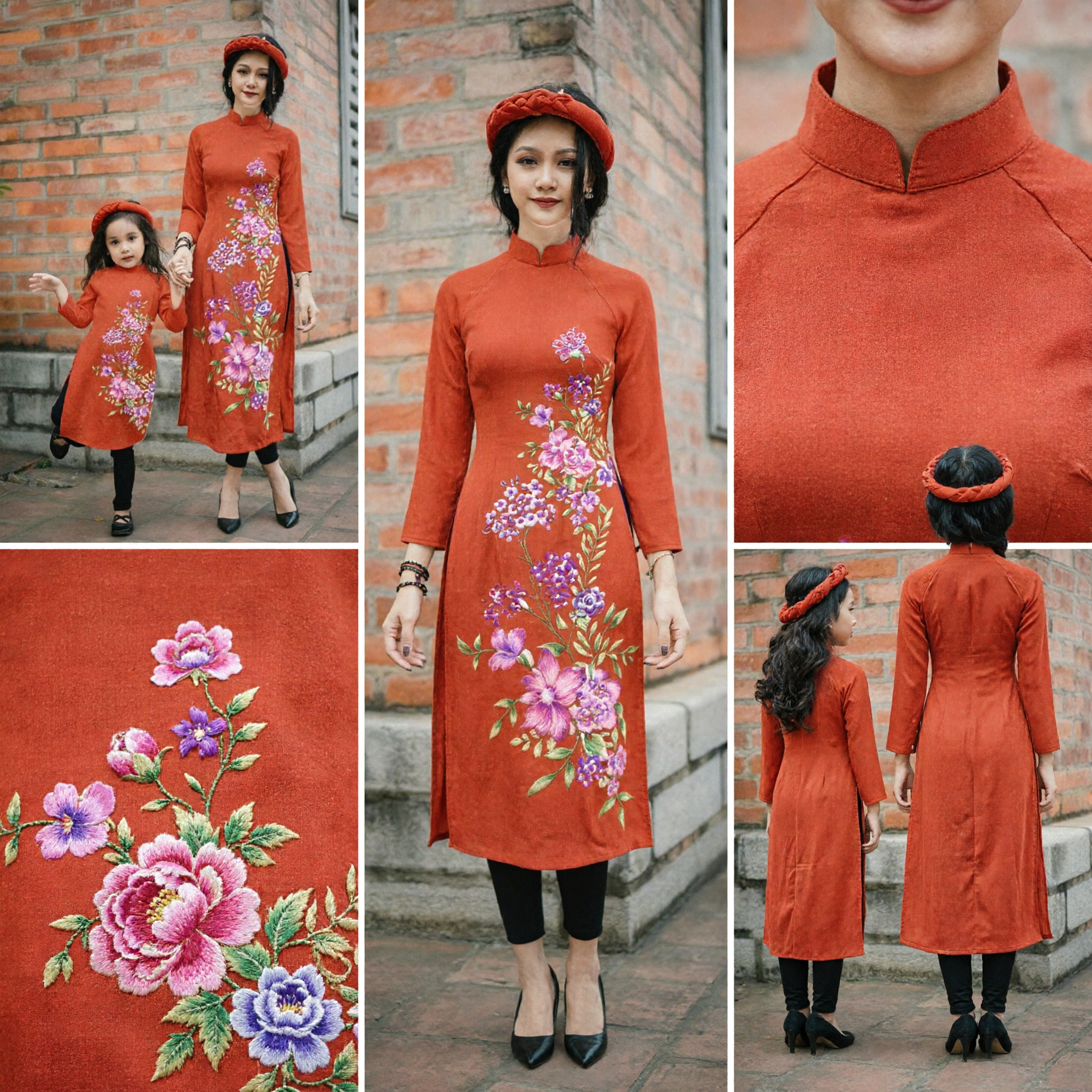 Traditional Vietnamese Ao Dai Mother and Daughter Matching Set Orange Floral Print Long Dress for Tet Holiday