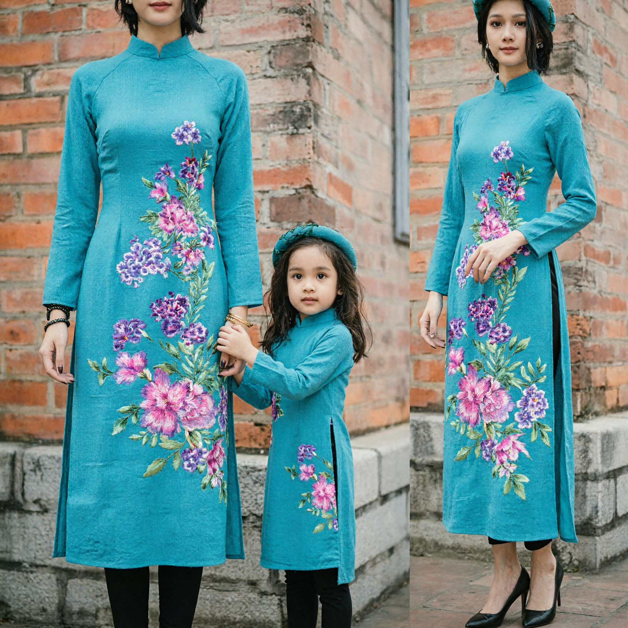 Teal Blue Vietnamese Ao Dai Mother Daughter Matching Set Floral Embroidery Traditional Dress for Tet Festival