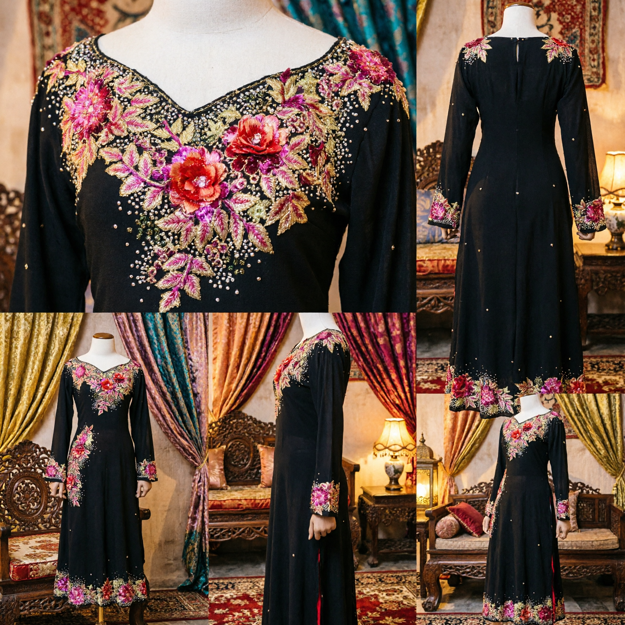 Elegant Black Traditional Asian Long Dress with Exquisite Floral Embroidery for Women Formal Cultural Events