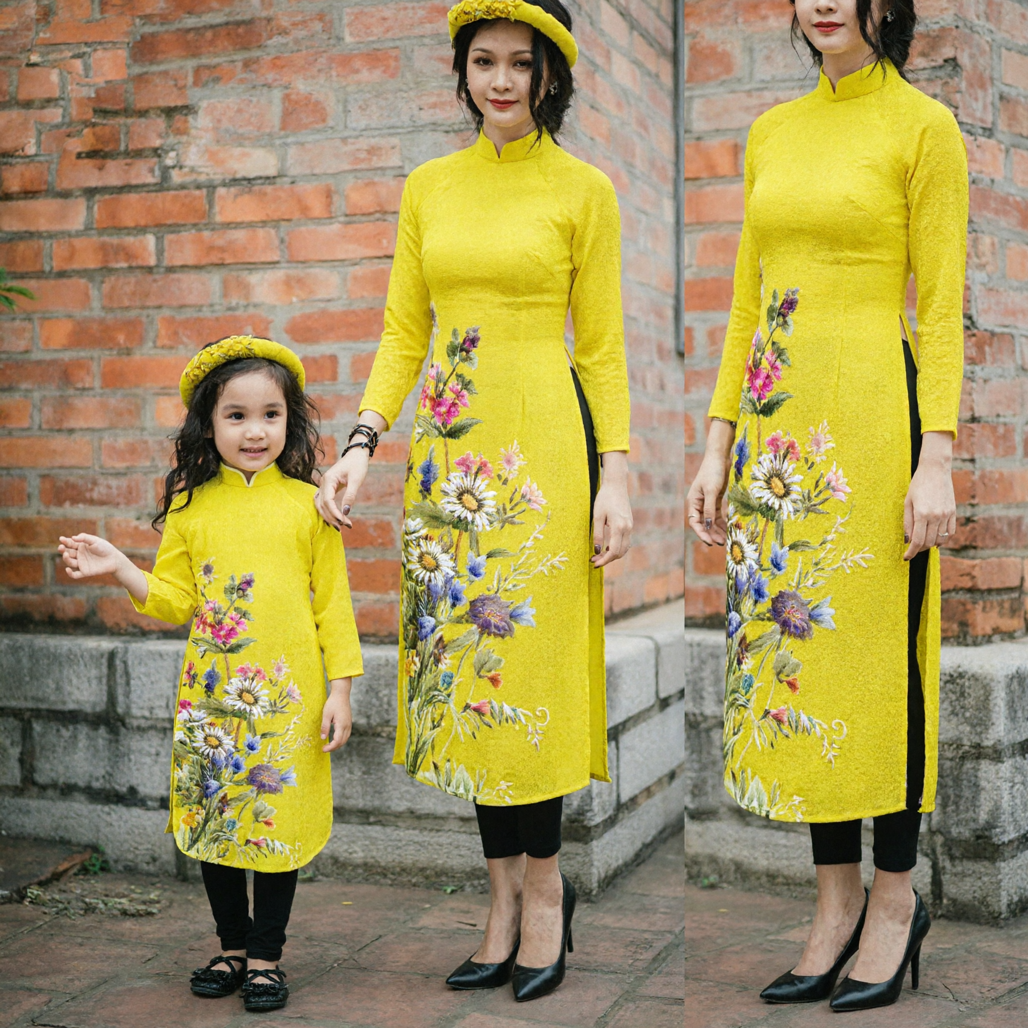 Yellow Floral Vietnamese Ao Dai Mother Daughter Matching Set Traditional Dress for Tet Holiday Family Photos
